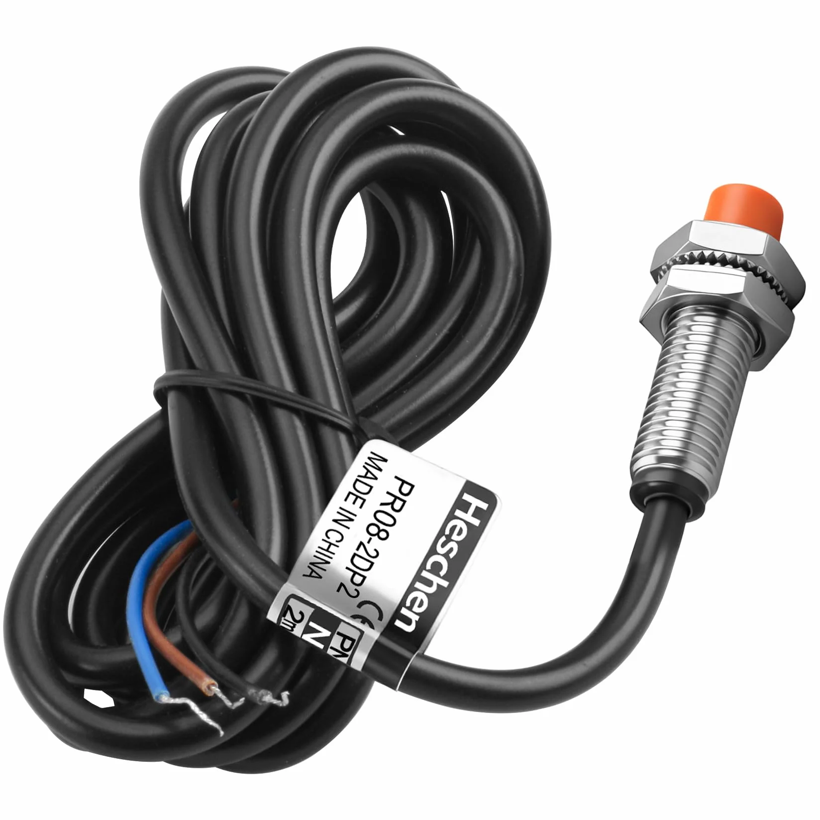 Heschen M8 Indukcyjny przełącznik czujnika zbliżeniowego PR08-2DP2 detektor typu cylindrycznego 2 mm DC12-24V 3-przewodowy PNP NC (normalnie zamknięty) CE
