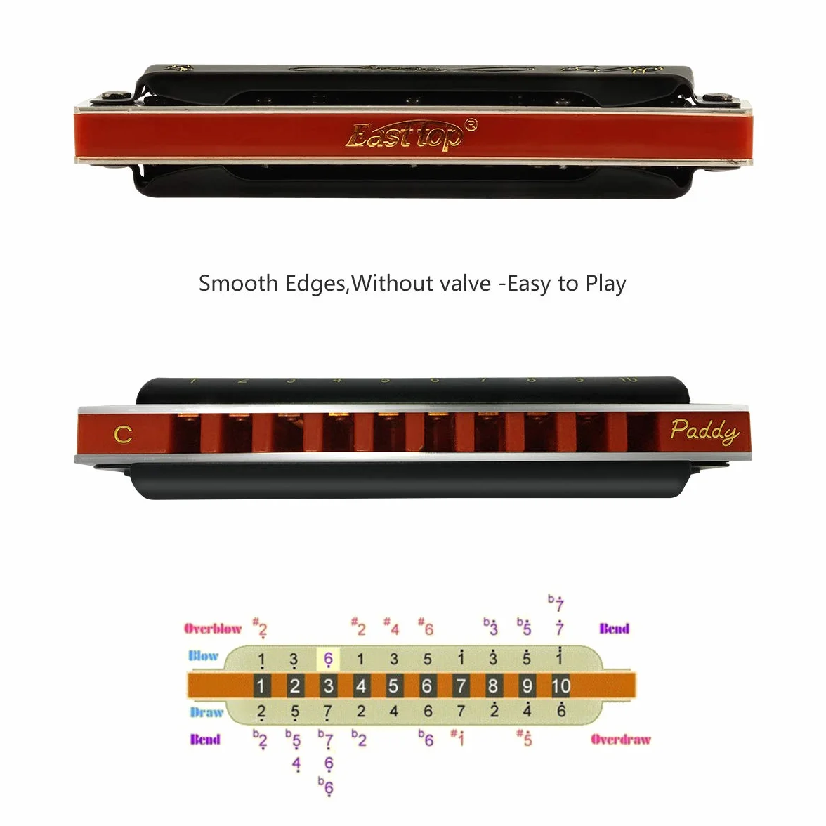 East top Harmonijka, harmonijka bluesowa, klucz Paddy C, 10 otworów, 008 K, harmonijka diatoniczna dla dorosłych, profesjonalistów i studentów