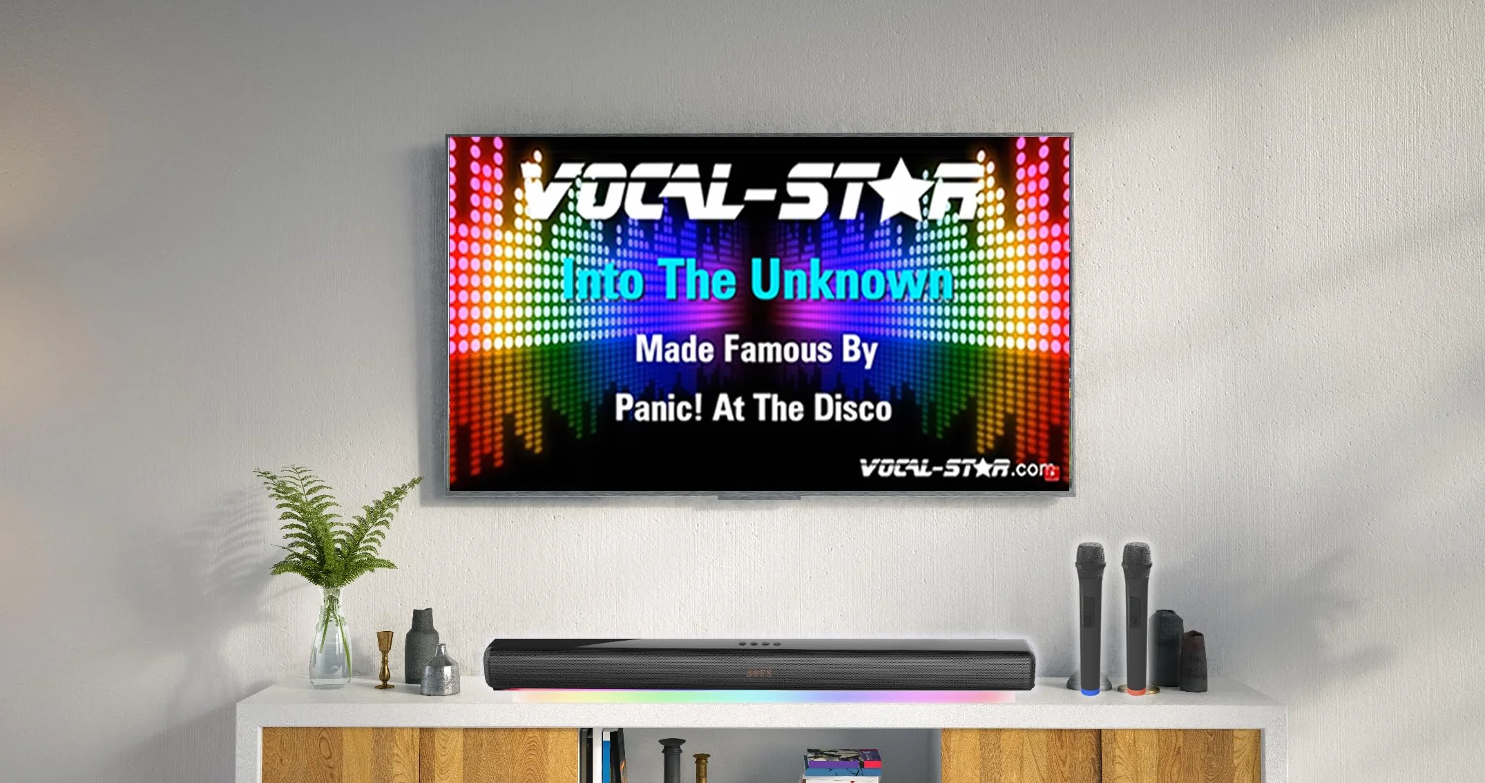 Vocal-Star Soundbar do karaoke system 250w, 2 bezprzewodowe mikrofony UHF, uchwyt ścienny, 9 efektów świetlnych RGBW, pilot zdalnego sterowania, HDMI ARC, BT, AUX, optyczny