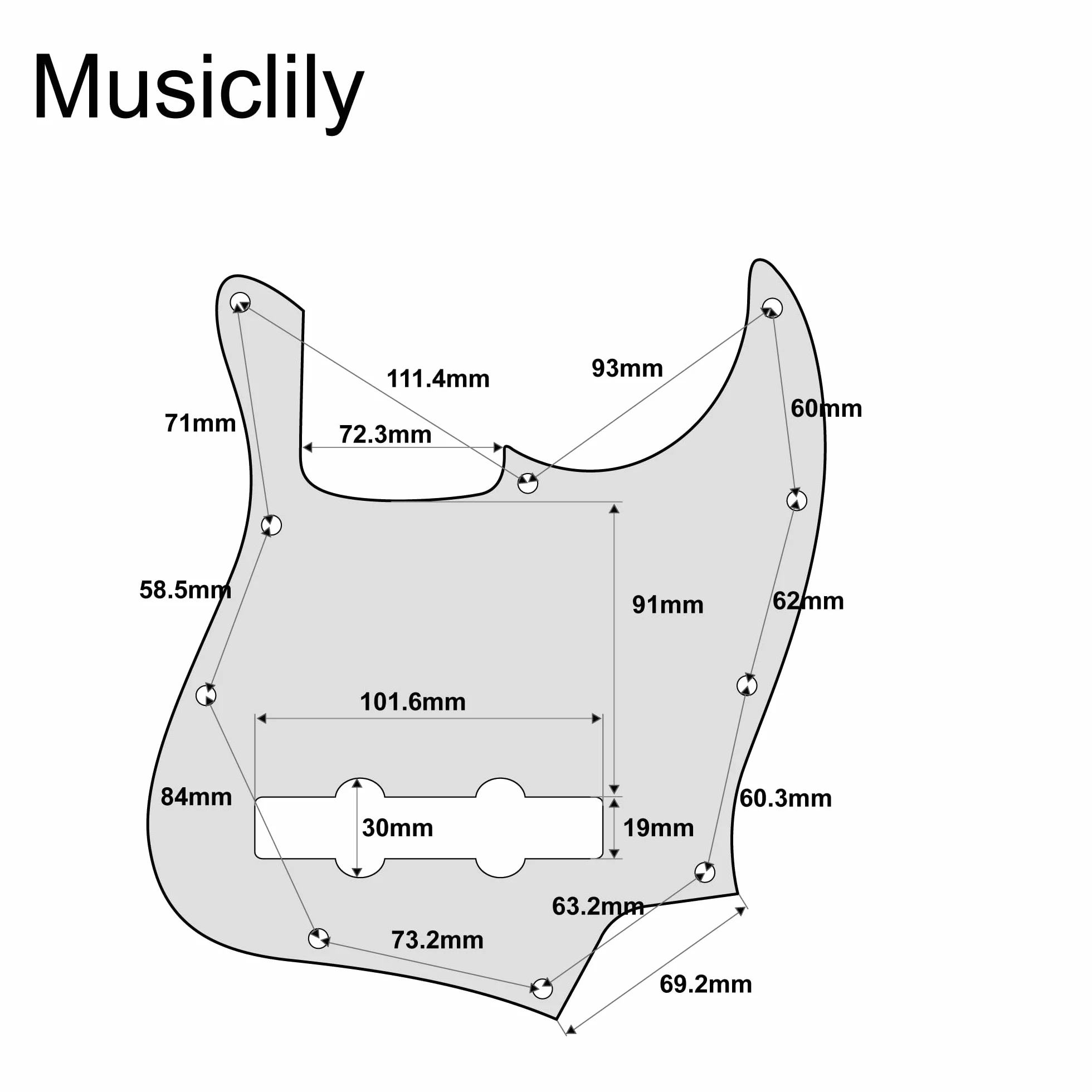 Musiclily Pro 5-strunowy 10 Otworów Współczesny Jazz Bass Pickguard Maskownica do Fender Mexican Jazz Bass, 3-warstwowy Mint Green