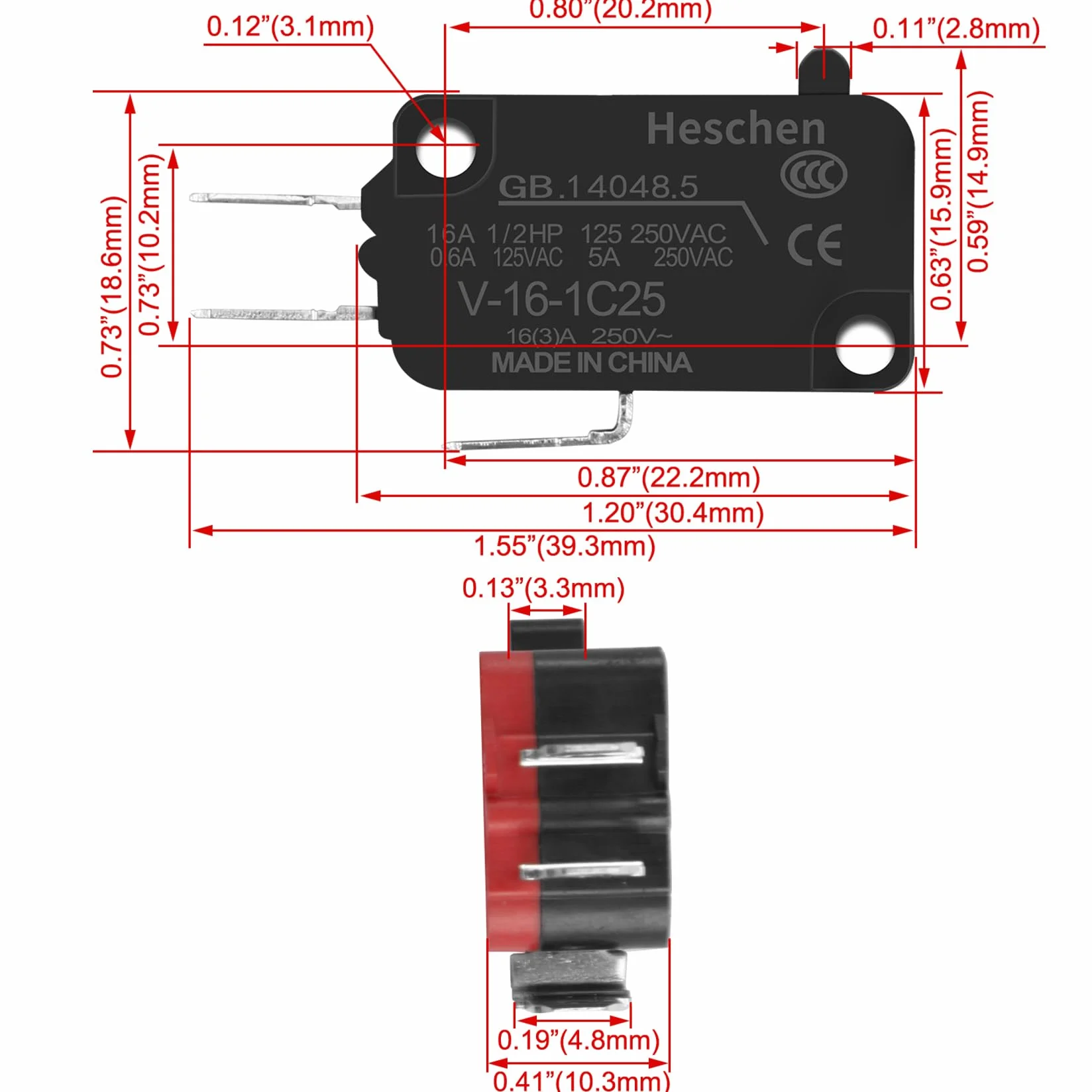 Heschen mikro przełącznik V-16-1C25 SPDT wtyk typ 16A 250 V AC 5 szt.