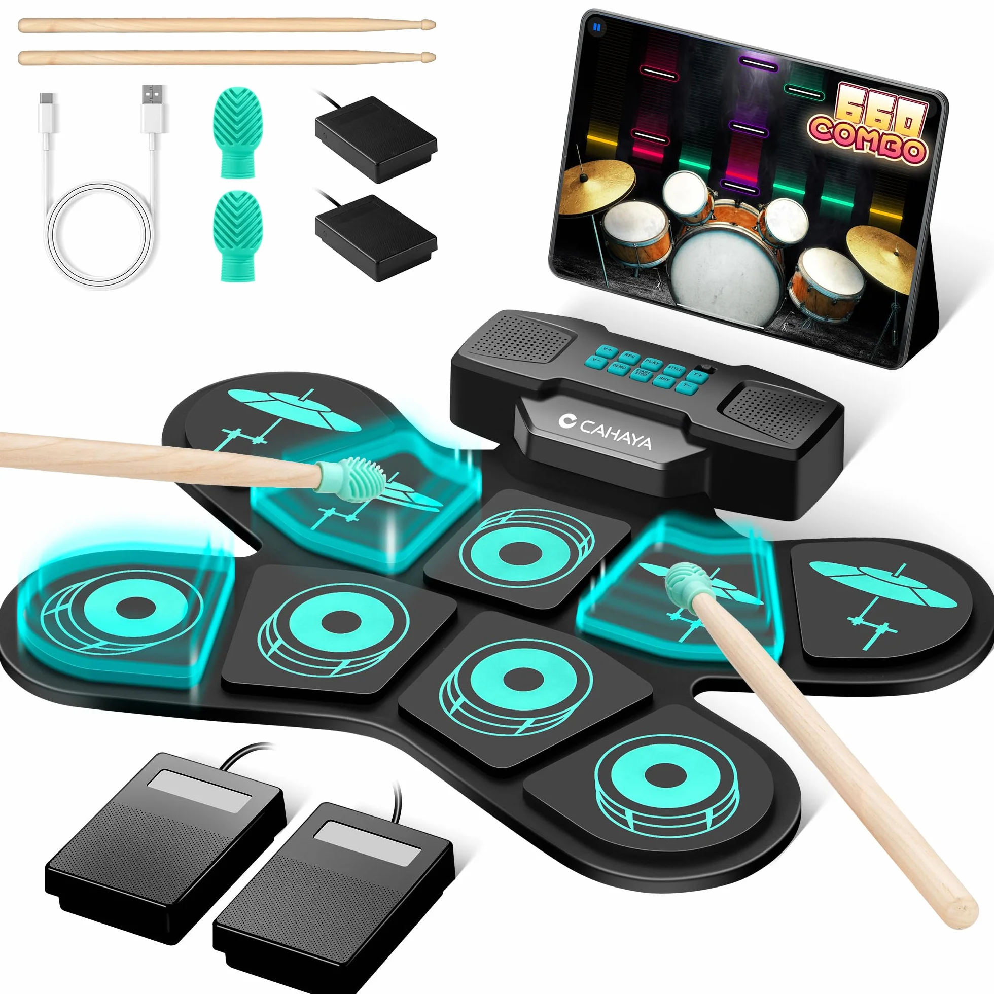 CAHAYA CY00387-1 elektroniczny zestaw perkusji dla dzieci z MIDI, 2 pedały, głośniki stereo, wyjście na słuchawki, bateria 10 h