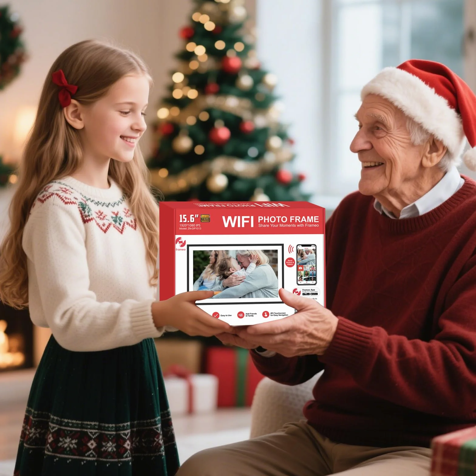 FRAMEO Cyfrowa ramka na zdjęcia 15,6 cala, bardzo duża, WiFi, cyfrowa ramka na zdjęcia z 32GB 1920 x 1080 IPS HD ekranem dotykowym, na biurko i montaż naścienny, udostępnianie zdjęć i filmów za pomocą