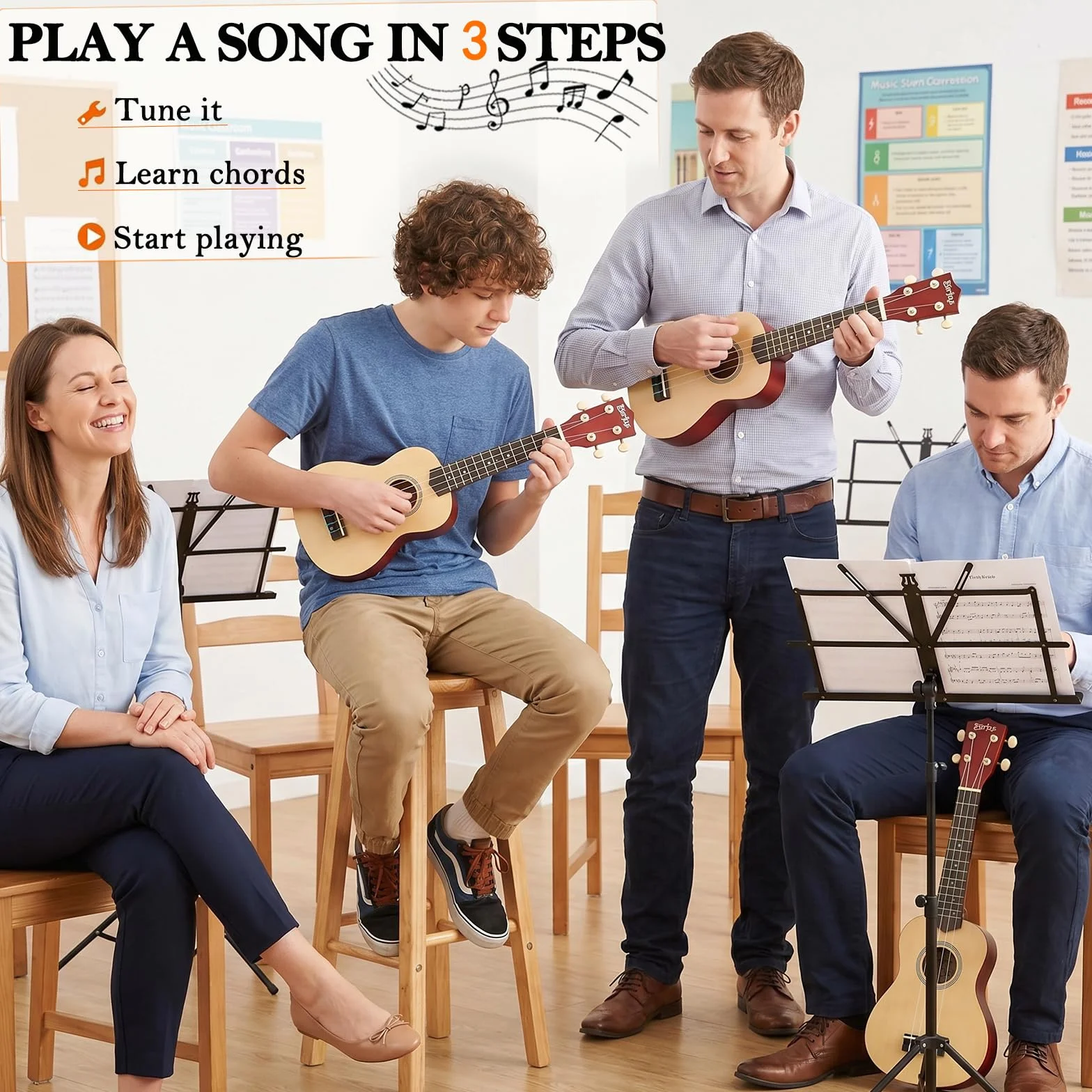 Everjoys Ukulele sopranowe, zestaw startowy dla dzieci i dorosłych, 21 cali, z torbą, tunerem, piosenkami, strunami, pickiem, mała gitara hawajska, natura