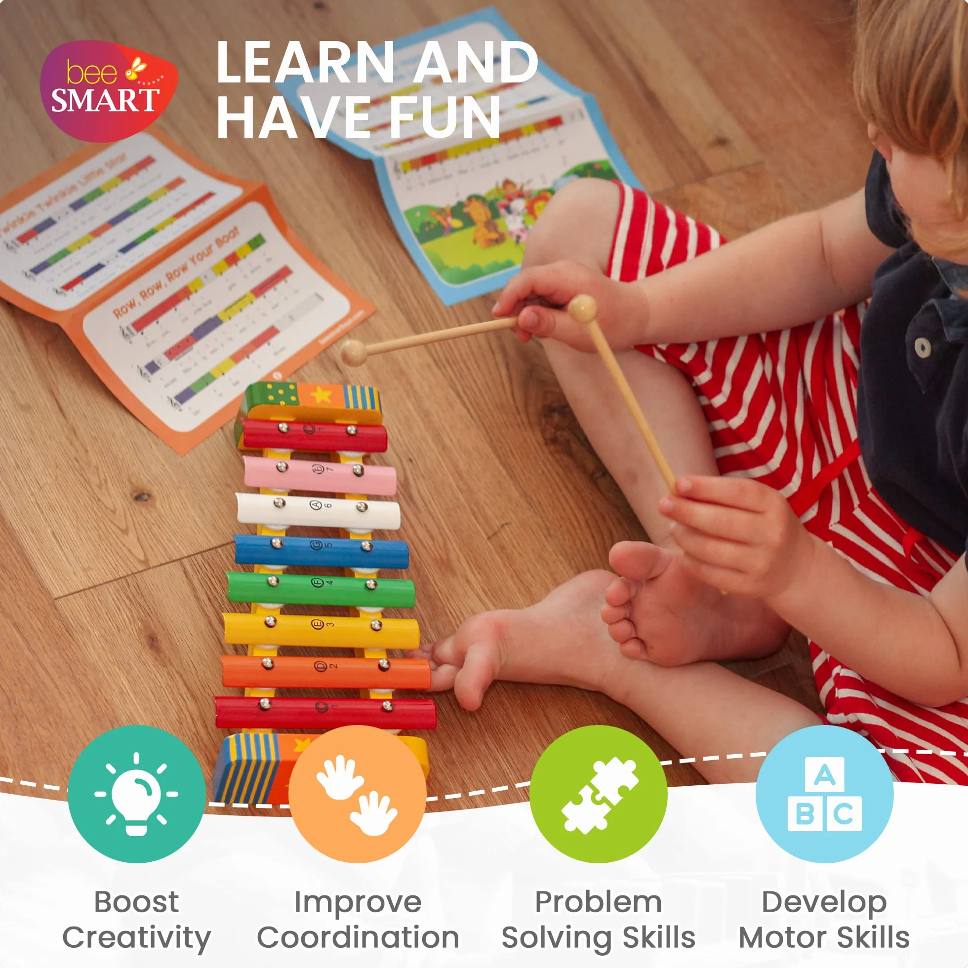 Bee Smart Drewniany ksylofon dla dzieci, instrumenty muzyczne z arkuszami piosenek, tęczowe drewniane glockenspiel dla dzieci, z pudełkiem i młotkiem, zajęcia muzyczne, pomysły na prezenty urodzinowe