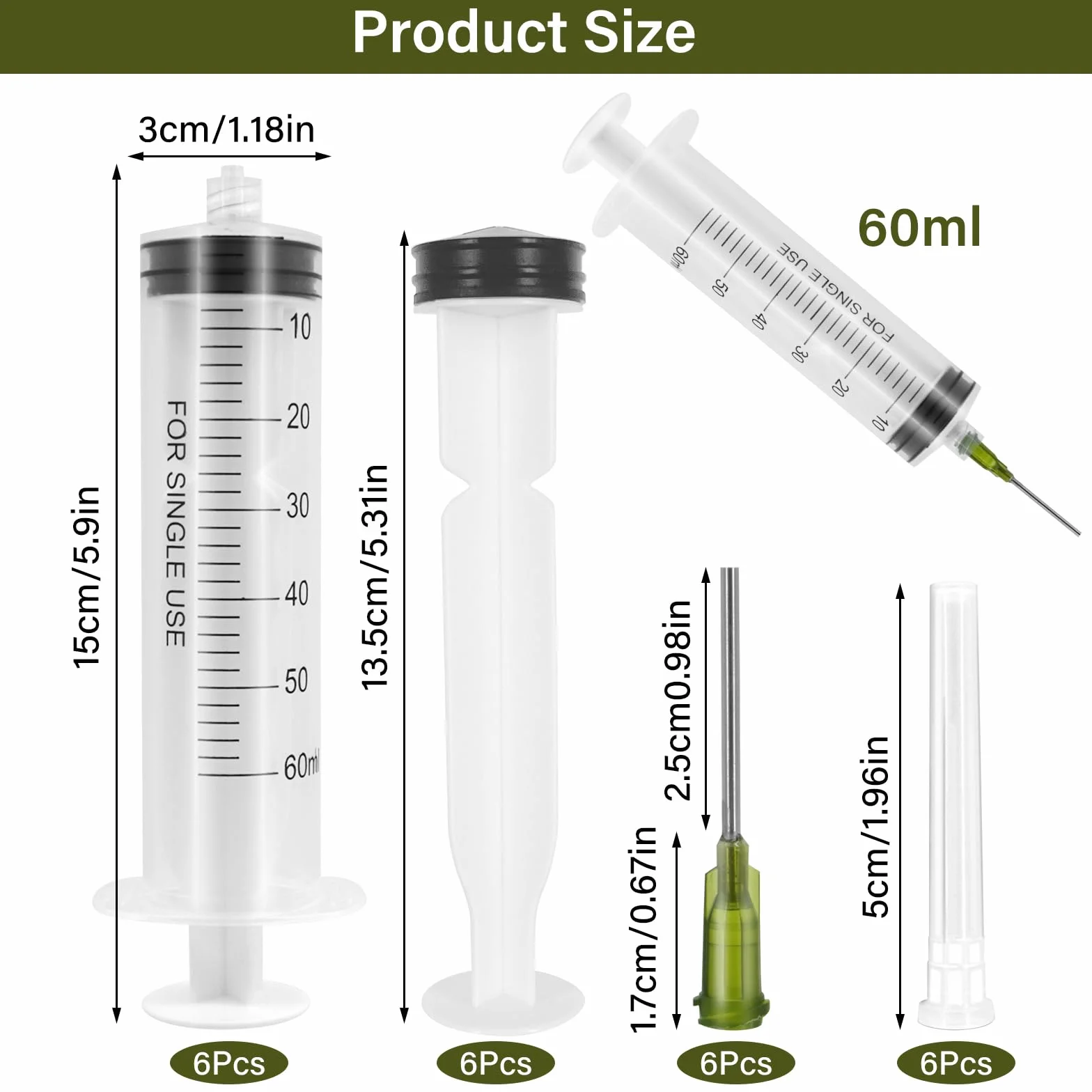 Strzykawka z tworzywa sztucznego, 60 ml, 6 sztuk strzykawek z igłą, strzykawka wielokrotnego użytku, strzykawka z 6 nakładkami na igły, strzykawki do laboratoriów naukowych i przemysłu
