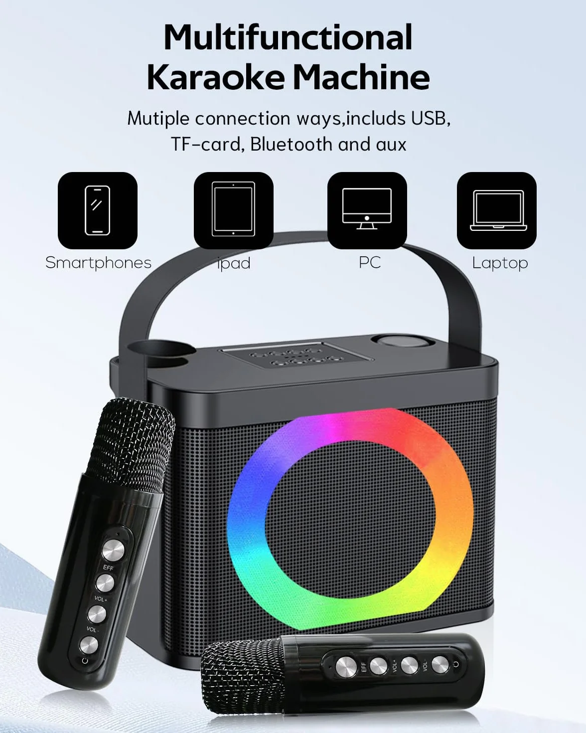 Maszyna do karaoke z 2 mikrofonami bezprzewodowymi, przenośny głośnik Bluetooth ze światłem RGB, urządzenie do karaoke, na imprezę domową, system PA dla dorosłych