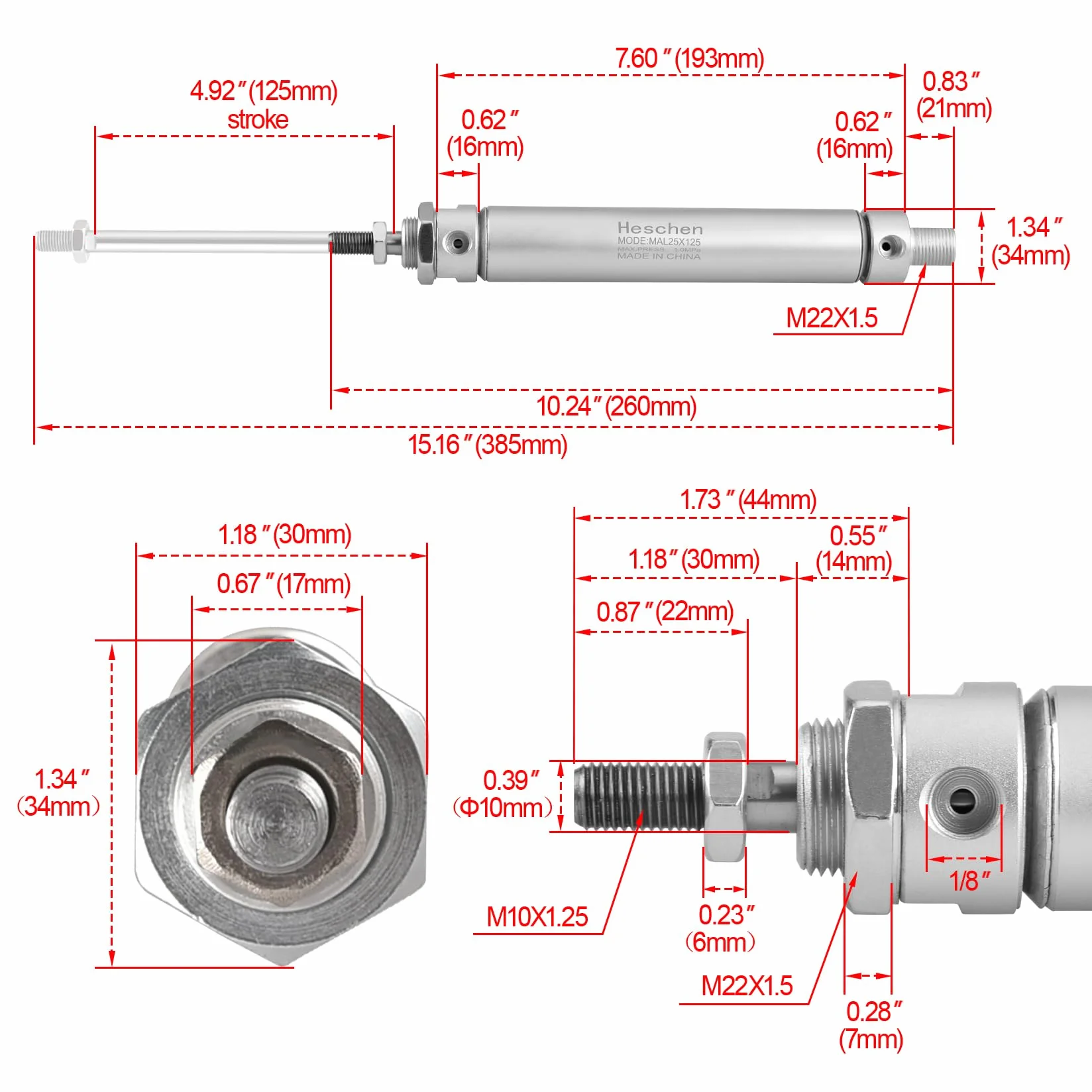Heschen pneumatyczny wąski cylinder powietrza MAL 25-125 Port PT1/8 25 mm otwór 125 mm skokowy podwójne działanie