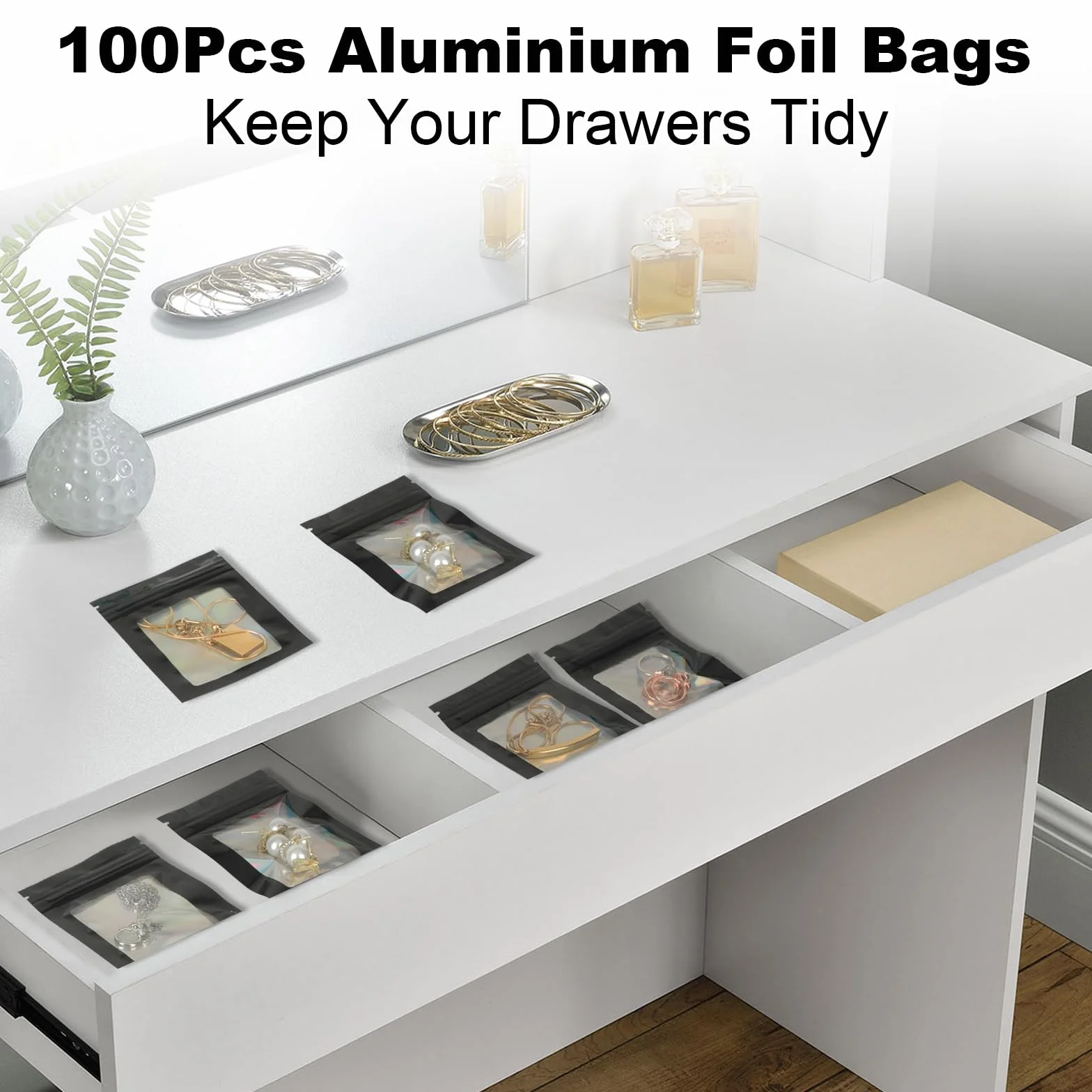 KOMABLEN Mylar Bags, 100 sztuk czarnych woreczków Mylar, 7 x 10 cm, plastikowe torebki wielokrotnego zamykania, torebki strunowe z przezroczystym okienkiem, torby na biżuterię, słodycze