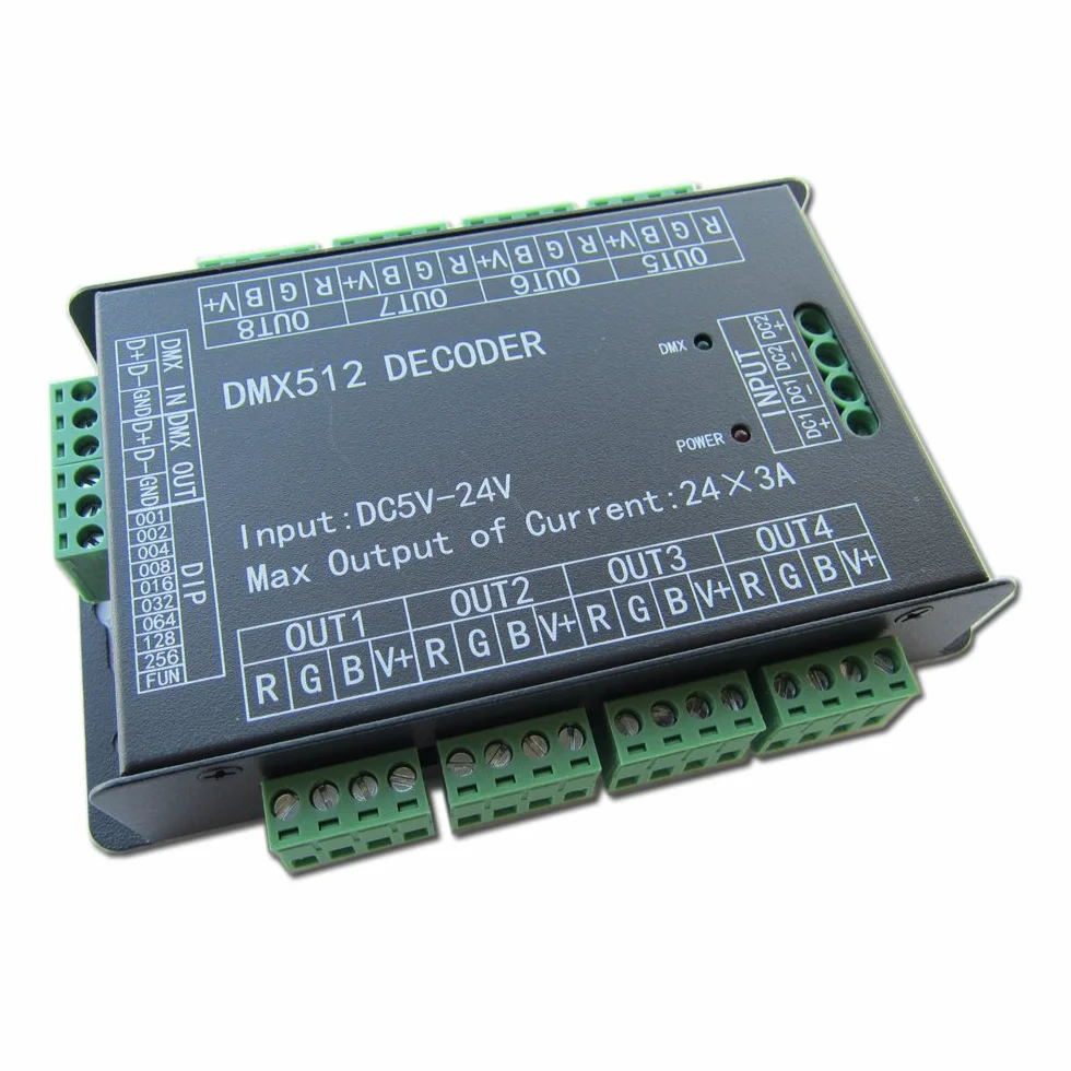 Wysoka moc 24-kanałowy kontroler RGB 3A/CH DMX512 Led dekoder ściemniacz 500Hz bez migotania płynniejsze ściemnianie wskaźnik sygnału DMX funkcja migania DC 5V-24V