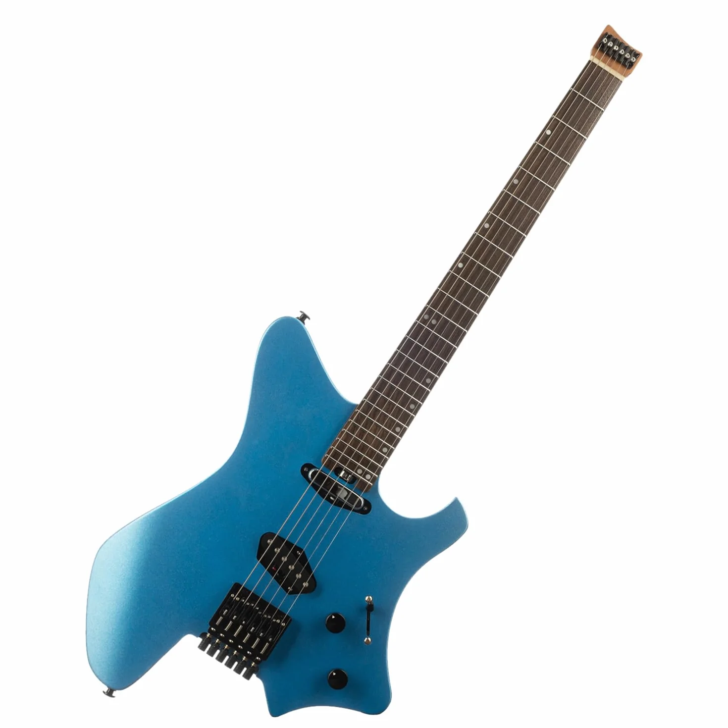 EART GW2T-SE Gitara elektryczna bezgłowowa z w pełni regulowanym stałym systemem mostka, progi Medium Jumbo ze stali nierdzewnej z zaokrąglonymi końcami (niebieska)