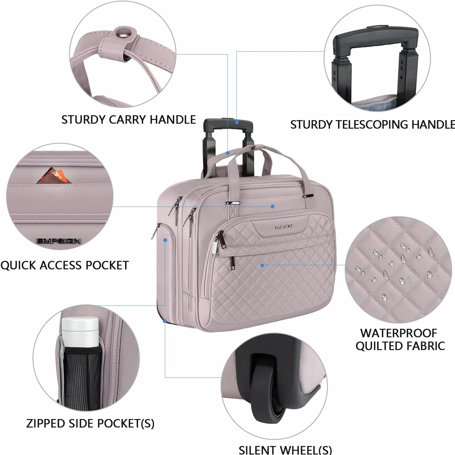 EMPSIGN Damska torba na laptopa z kółkami, teczka dla kobiet, pasuje do teczki na laptopa o przekątnej do 15,6 cala na kółkach, wodoodporna torba na komputer z kieszeniami RFID, szaro-różowa