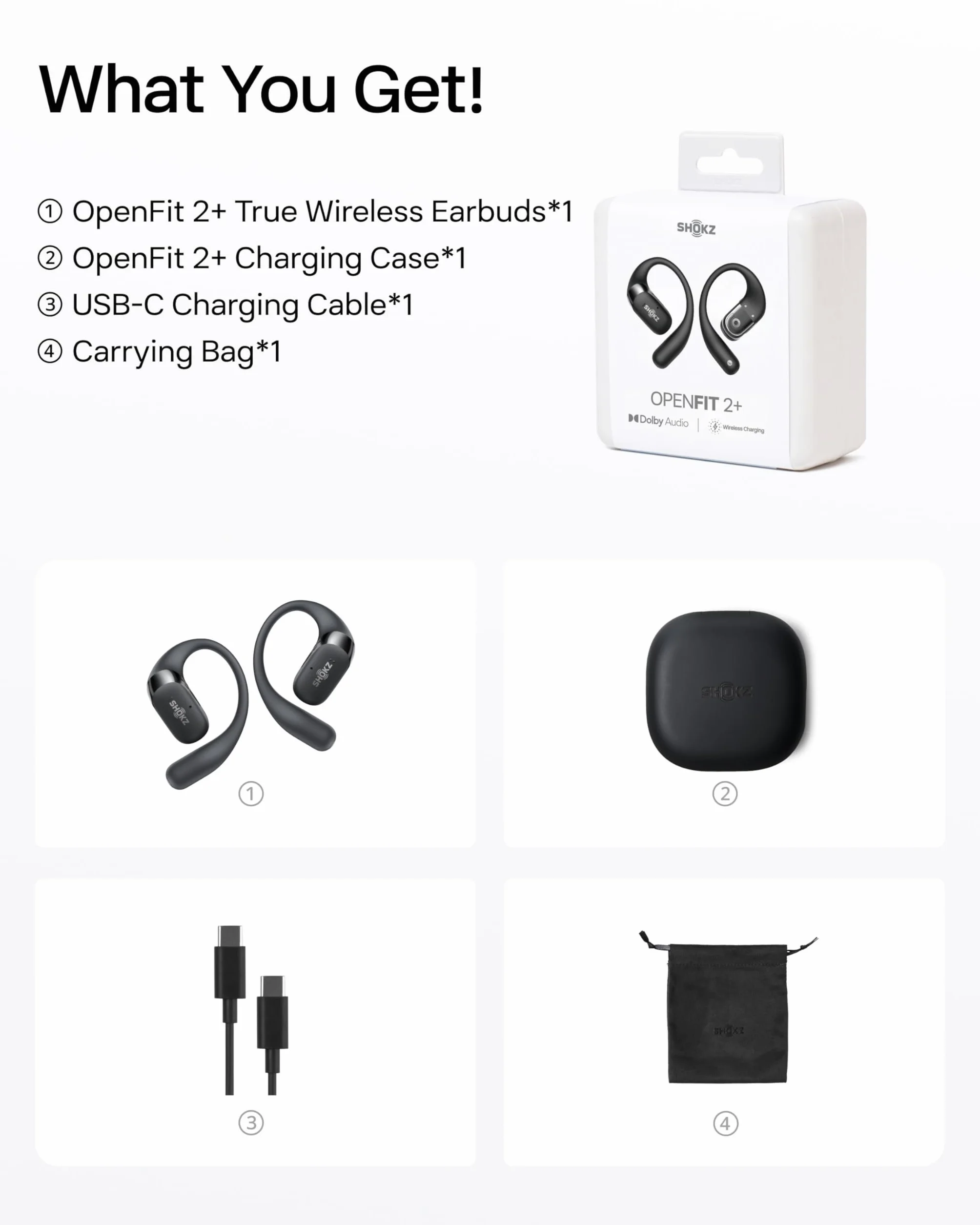 Shokz NOWE OpenFit 2+ Słuchawki Otwarte, z Dolby Audio, Wygodne Słuchawki, 48 Godziny Odtwarzania, Odporność na Wodę IP55, Szybkie Ładowanie USB-C, Ładowanie Bezprzewodowe, Torba Transportowa, Czarny