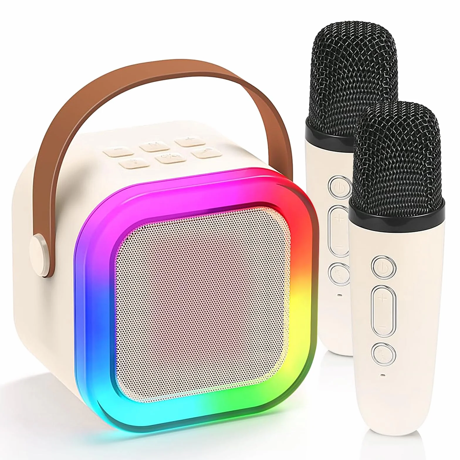 JIMACRO Mini maszyny do karaoke z 2 mikrofonami bezprzewodowymi, maszyna do karaoke ze światłami LED, głośnik Bluetooth i zestaw mikrofonowy dla dzieci i dorosłych (białe)