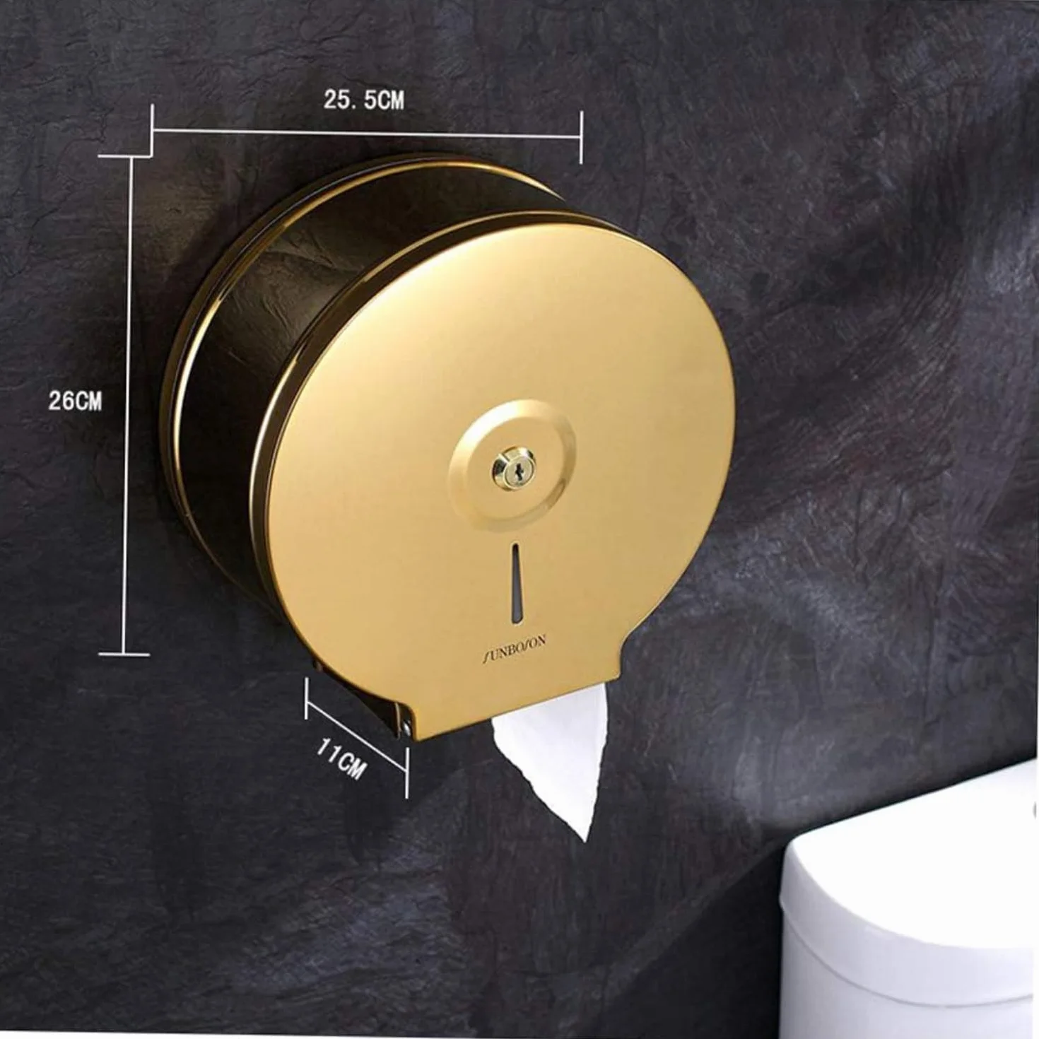 Jumbo komercyjny uchwyt na papier toaletowy montowany na ścianie dozownik rolek chusteczek łazienkowych, stal nierdzewna, zamykana konstrukcja, do domu hotelowego, złoty, wys. 25 cm