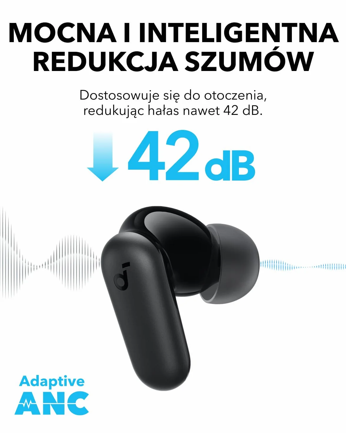 Soundcore Anker P30i bezprzewodowe słuchawki douszne z głośną i inteligentną redukcją szumów, potężny bas, 45 godzin odtwarzania, etui i uchwyt do smartfona 2 w 1, IP54, Bluetooth 5.4 (czarny)