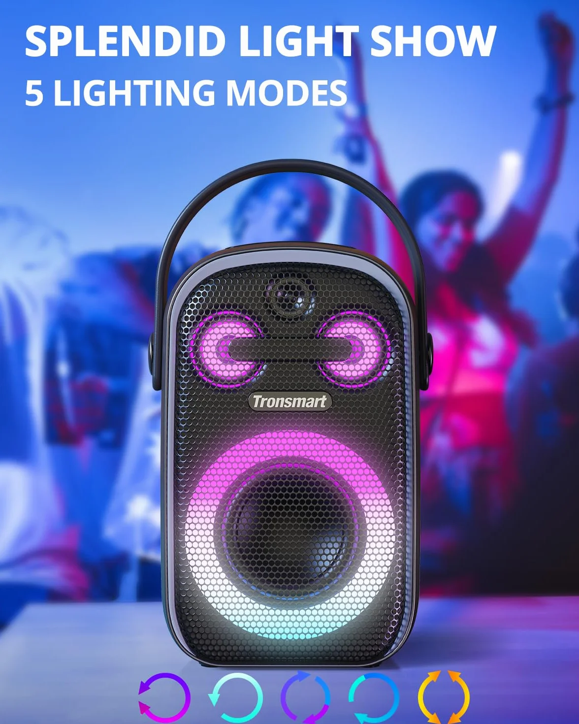 Tronsmart Halo 100 przenośny głośnik Bluetooth 5.3, 60 W, światła LED, wodoszczelność IPX6, 18H odtwarzania, dźwięk stereo, powerbank i aplikacja, do użytku na zewnątrz.