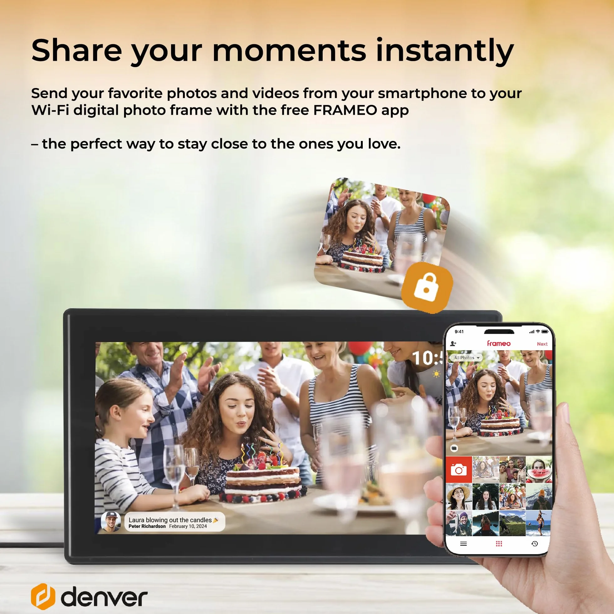 Denver PFF-1515B cyfrowa ramka na zdjęcia Wi-Fi – ekran dotykowy Full HD IPS 15,6", zintegrowane oprogramowanie FRAMEO, bezprzewodowe udostępnianie, automatyczne wyłączanie nocne, pamięć 16 GB, czarna