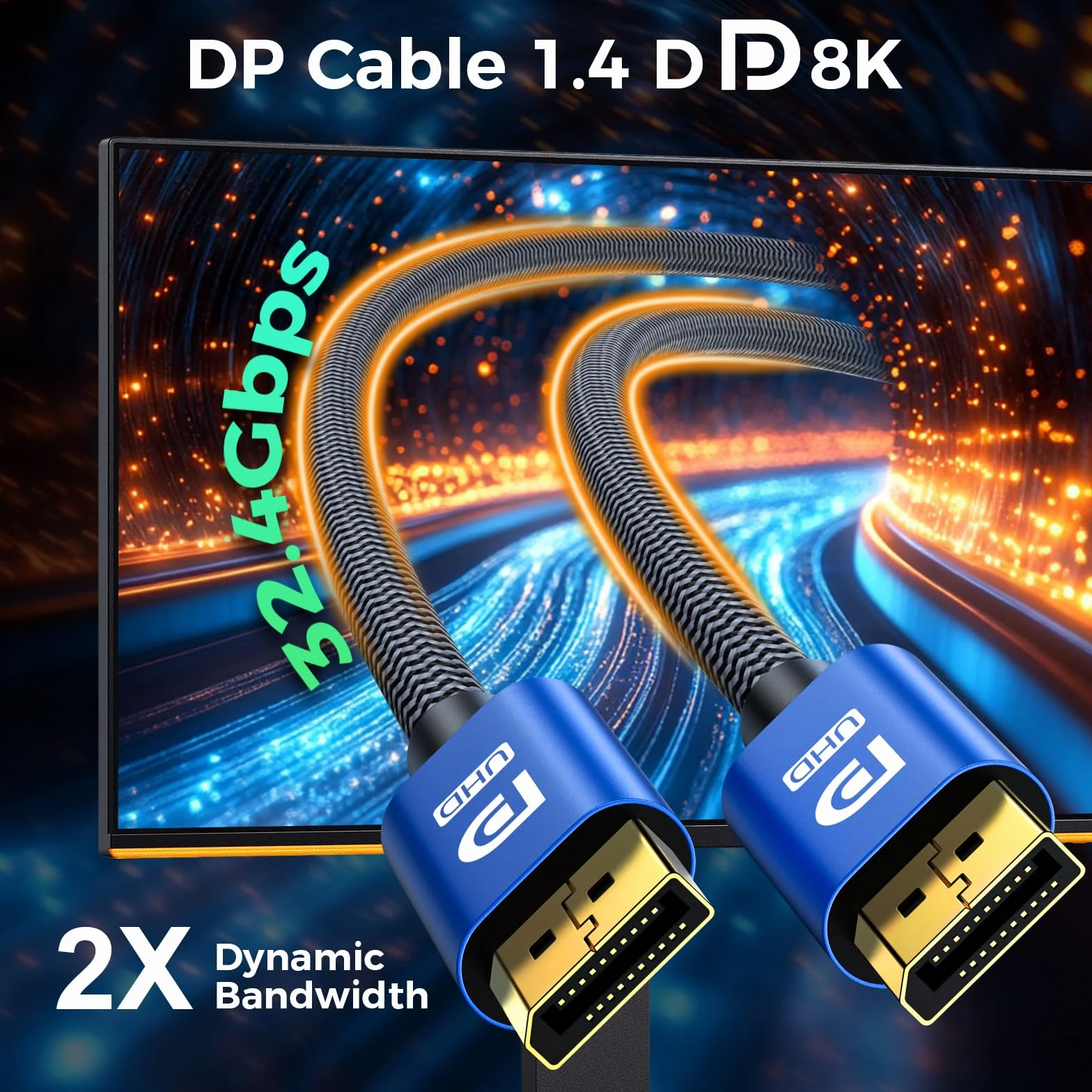 Kabel DisplayPort 2M, Display Port 1.4, Kabel DP Obsługa 8K@60Hz, 4K@144Hz, 2K@240Hz, 32.4Gbps, HBR3 HDR, DSC 1.2, G-Sync FreeSync, Kabel Display 2.0 Lead dla Laptopa Gaming Monitor PC TV - Niebieski