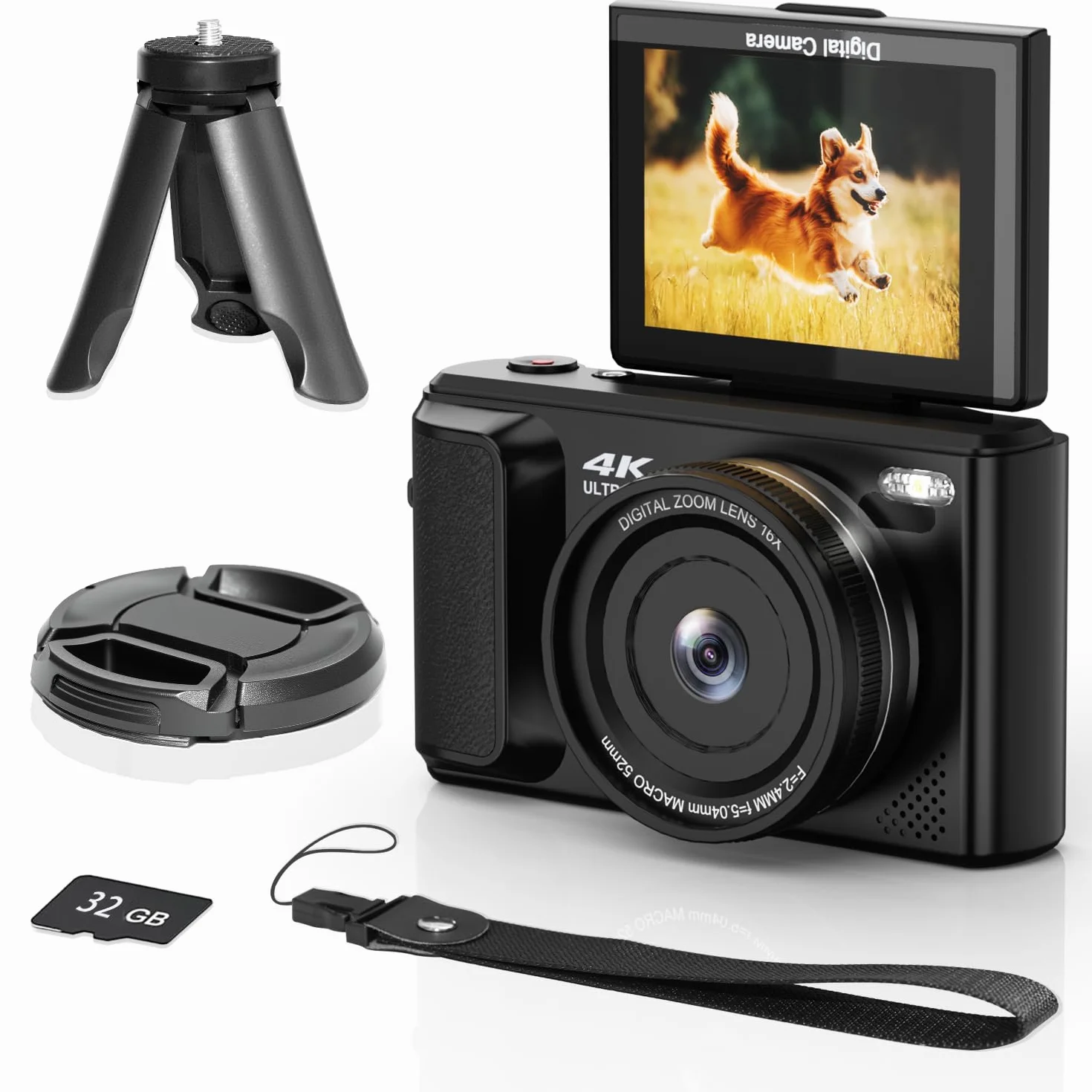 ARNSSIEN Aparat cyfrowy 4K z obrotowym ekranem 180°, kompaktowy aparat 2,8 cala z zoomem 16X, wygodny design podróżny, wbudowana bateria 1500mAh do 2-godzinnego nagrywania, Y1