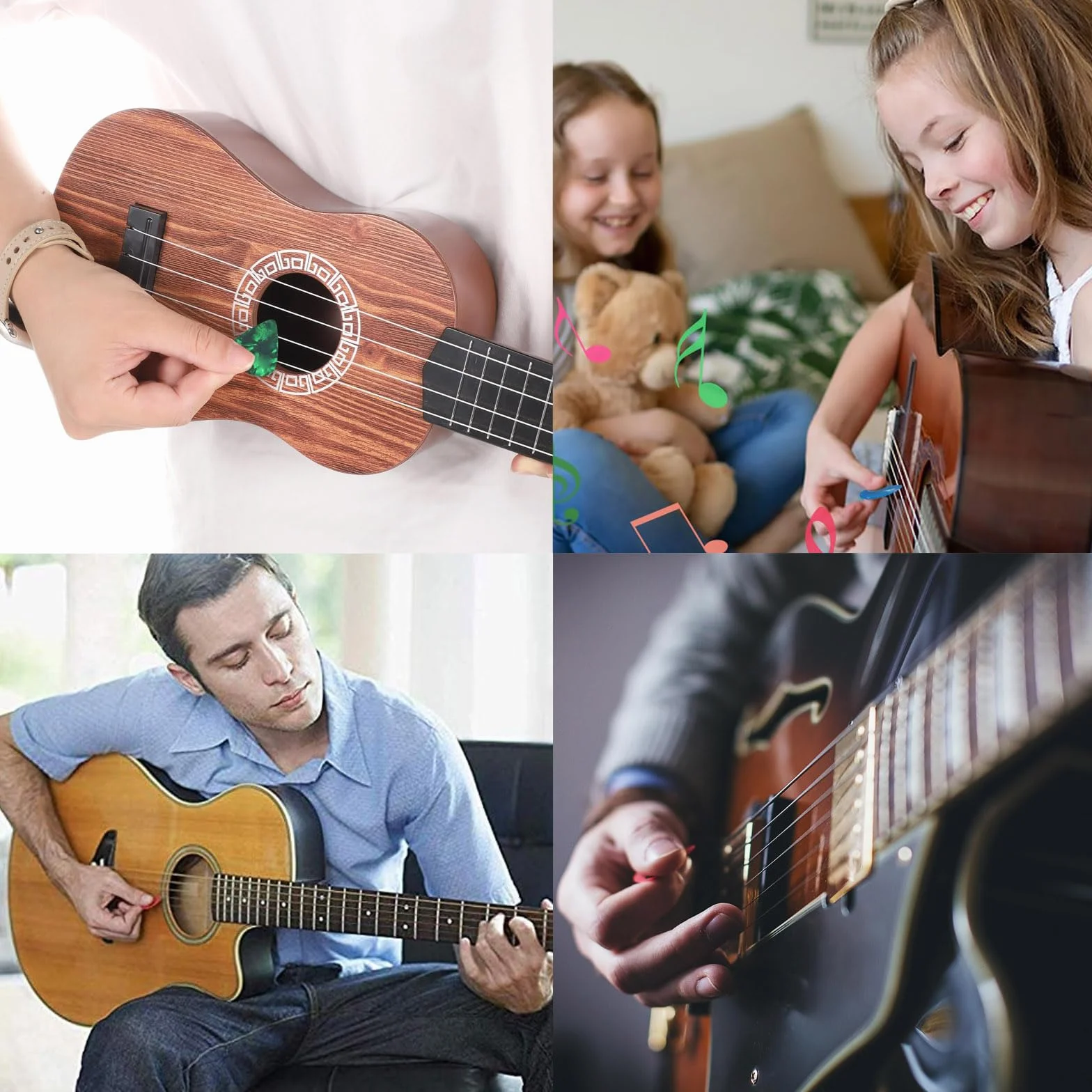 60 kolorowych celuloidowych kostek gitarowych z pudełkiem do przechowywania, 3 różne grubości kostki do gitary akustycznej, gitary elektrycznej, ukulele (0,46 mm, 0,71 mm, 0,96 mm), losowe kolory