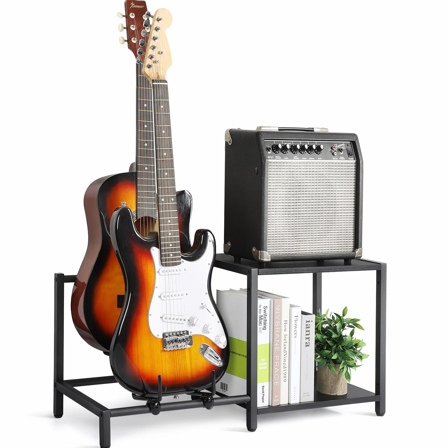 Bikoney Dwupoziomowy Stojak na Gitarę z Półką na Wzmacniacz – Regulowany Stojak na Wiele Gitar i Akcesoriów, Wieszaki na Gitarę do Studia, Domu lub Sceny – Czarny