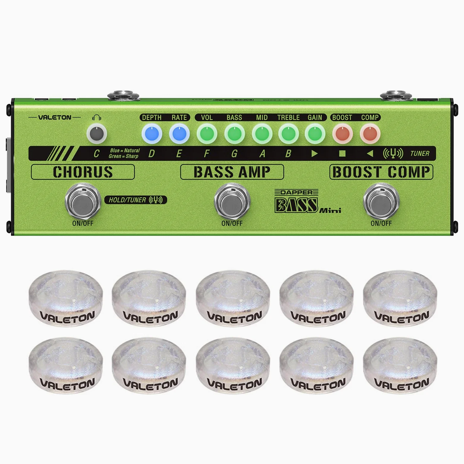 Valeton wieloefektowy do gitary basowej Stage Session Gigging practice Analog Amp Boost Comp Chorus Dapper Bass Mini (w zestawie 10 sztuk dodatkowych nakładek na przełączniki pedałów)