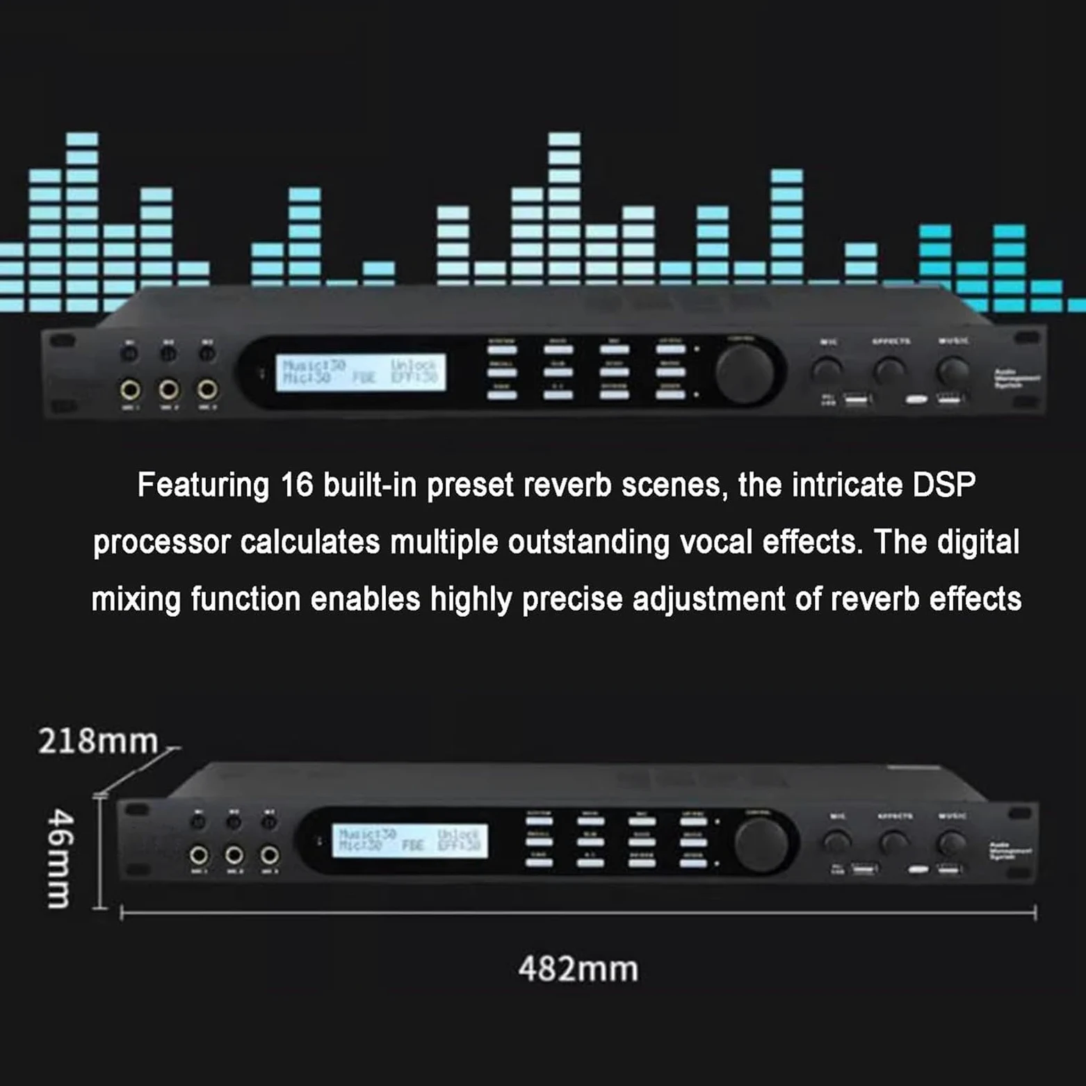 Cyfrowy procesor audio z tłumikiem sprzężenia zwrotnego, pilot zdalnego sterowania, 4 wejścia mikrofonowe, 16 zaprogramowanych efektów, złącze USB do sceny i KTV