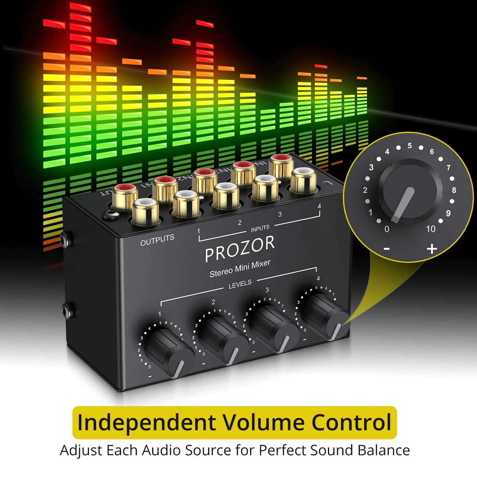 PROZOR Mikser audio RCA – 4-kanałowy mini pasywny mikser stereo z niezależną pokrętłem głośności, wejście i wyjście RCA, do kina domowego DJ-a, nie wymaga zasilania