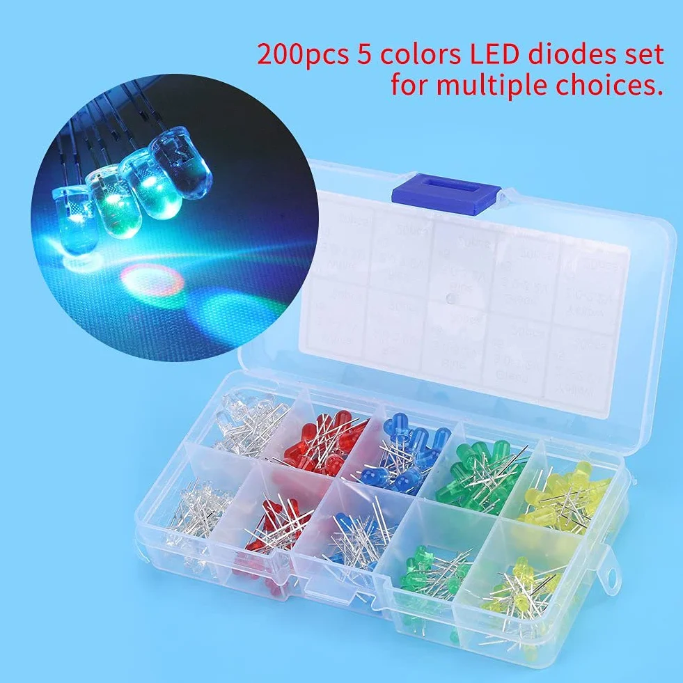 200 Sztuk 3mm 5mm Mini 5 Kolorów żarówki żarówki LED Różne Czerwony żółty Biały Zielony Niebieski Okrągły 2 Pin Rozproszone Diody LED Zestaw Diod Elektroluminescencyjnych z Oznakowanym Plastikowym Pud