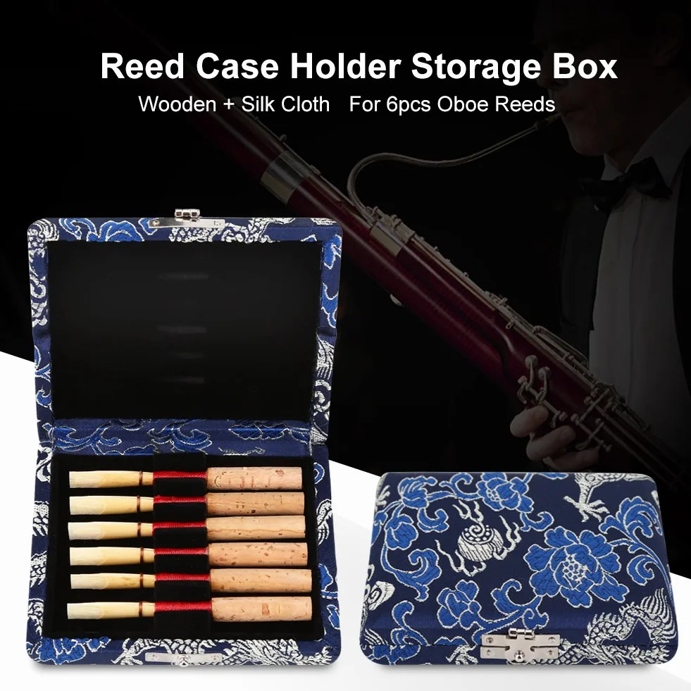 Oboe Reeds etui, drewniana + jedwabna tkanina pokrowiec na ustniki Oboe pojemnik do przechowywania instrument muzyczny pudełko części zamienne do 6 szt. stroików obboe (niebieski)