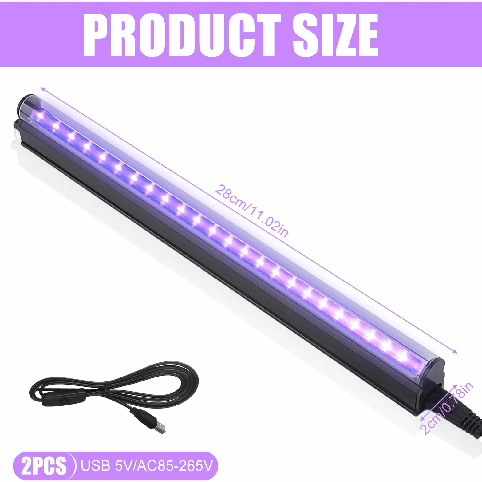 GBKDQQ Czarne światło LED, 2 sztuki, lampa UV 5 W, 28 cm, USB, czarne belki świetlne, z wtyczką i przełącznikiem, paski świetlne UV, światło imprezowe, na imprezę, dyskotekę, do baru, oświetlenia