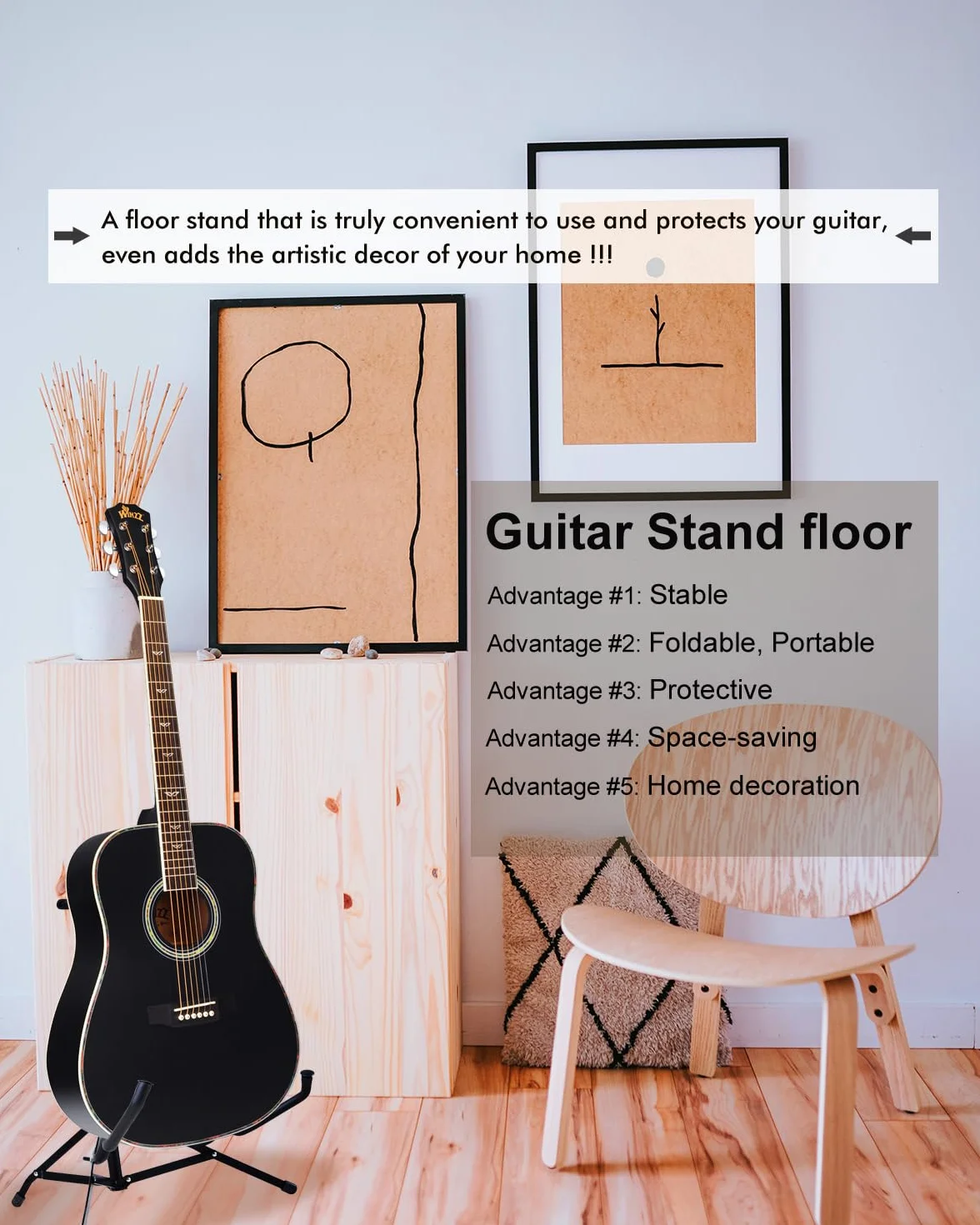 Winzz Czarna gitara akustyczna 4/4, dla początkujących, 41 cali z walizką gitarową, strojem, paskiem, kostkami, dodatkową struną i stojakiem na gitarę