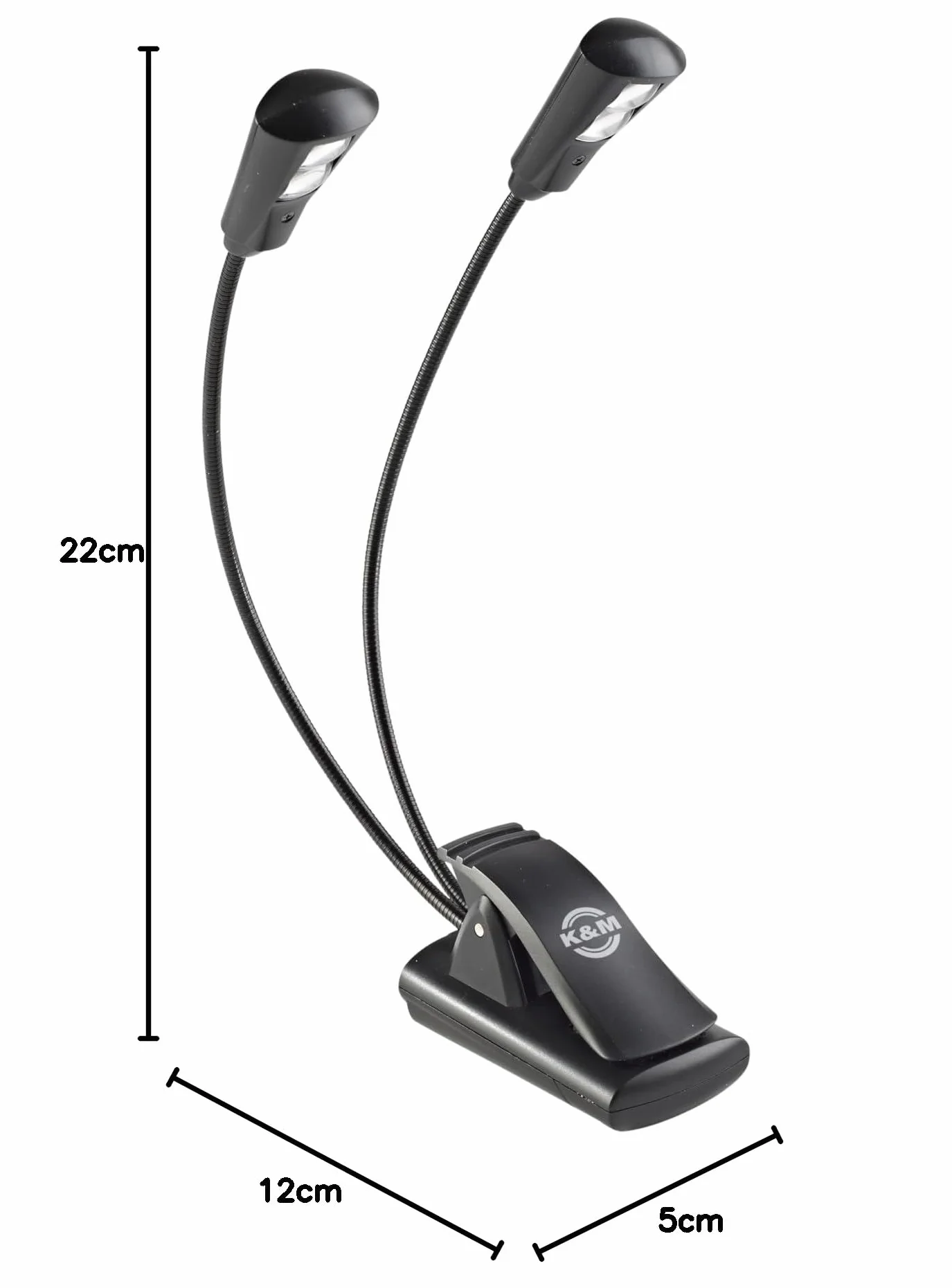 K&M 12244 lampa do pulpitu nutowego Double2 LED FlexLight czarna – mocowanie za pomocą klipsa – 2 elastyczne łabędzia szyja, 2 x 1300 luksów
