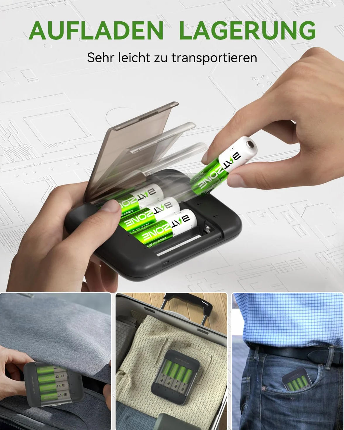 BATZONE Baterie litowo-jonowe AA 4-pak z ładowarką, 2500 mAh Wysoka pojemność 1,5 V baterie AA