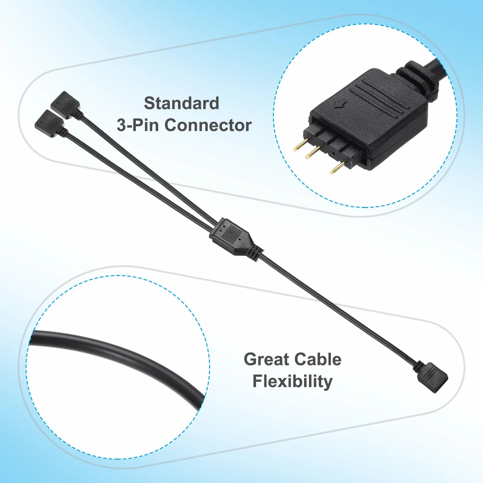 QUARKZMAN 2 szt. Kabel rozdzielacza ARGB, 5V 12" 3-pinowy 1 do 2 Żeński na Żeński Kabel ARGB z 3-pinowymi złączami męskimi do wentylatora PC/świateł LED ARGB, czarny