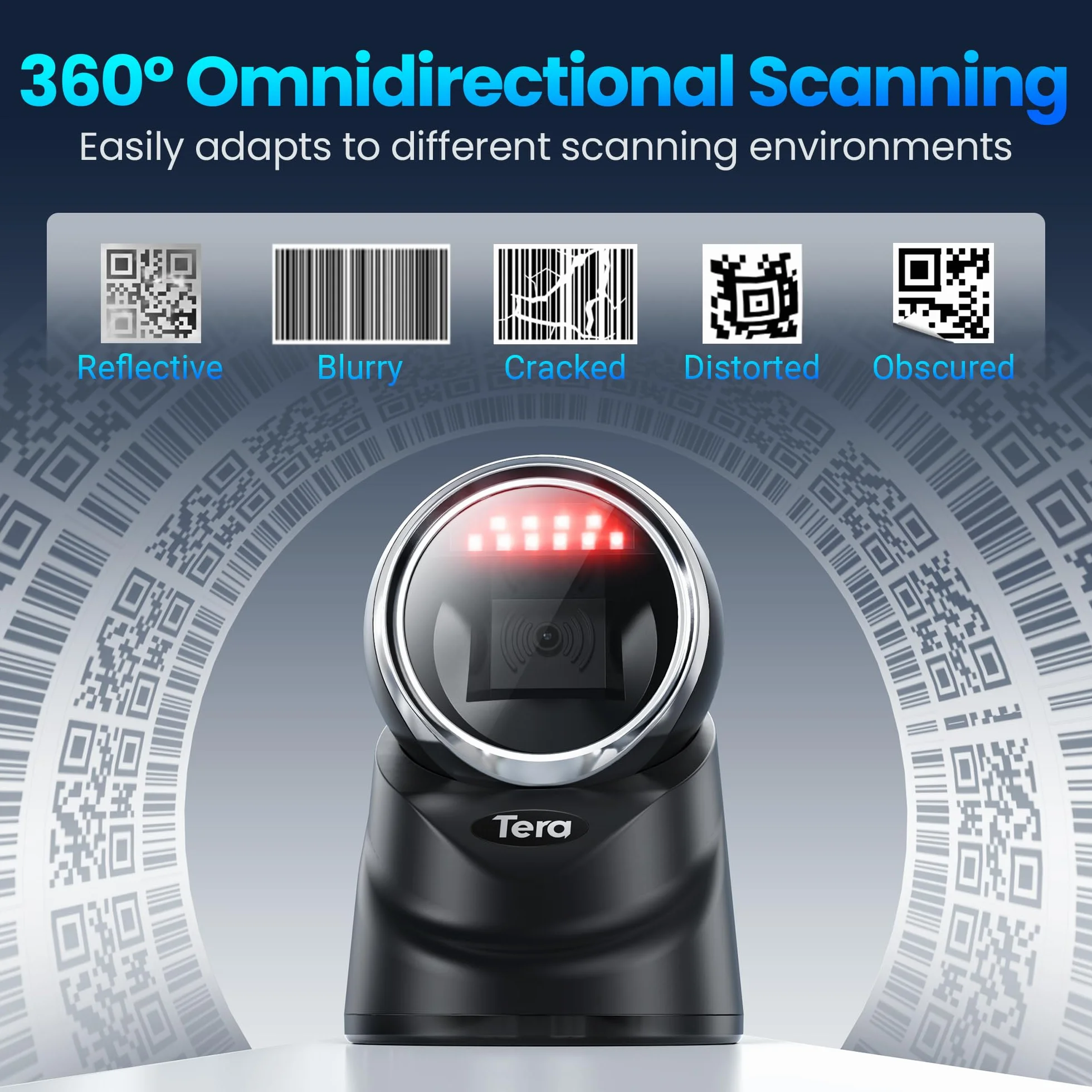Tera Pro 2D QR Pulpit skaner kodów kreskowych, wielokierunkowa, regulowana głowica skanowania, przewodowa platforma bez użycia rąk, automatyczny czytnik kodów kreskowych do marketu detalicznego, płatności ekranu telefonu, 9100