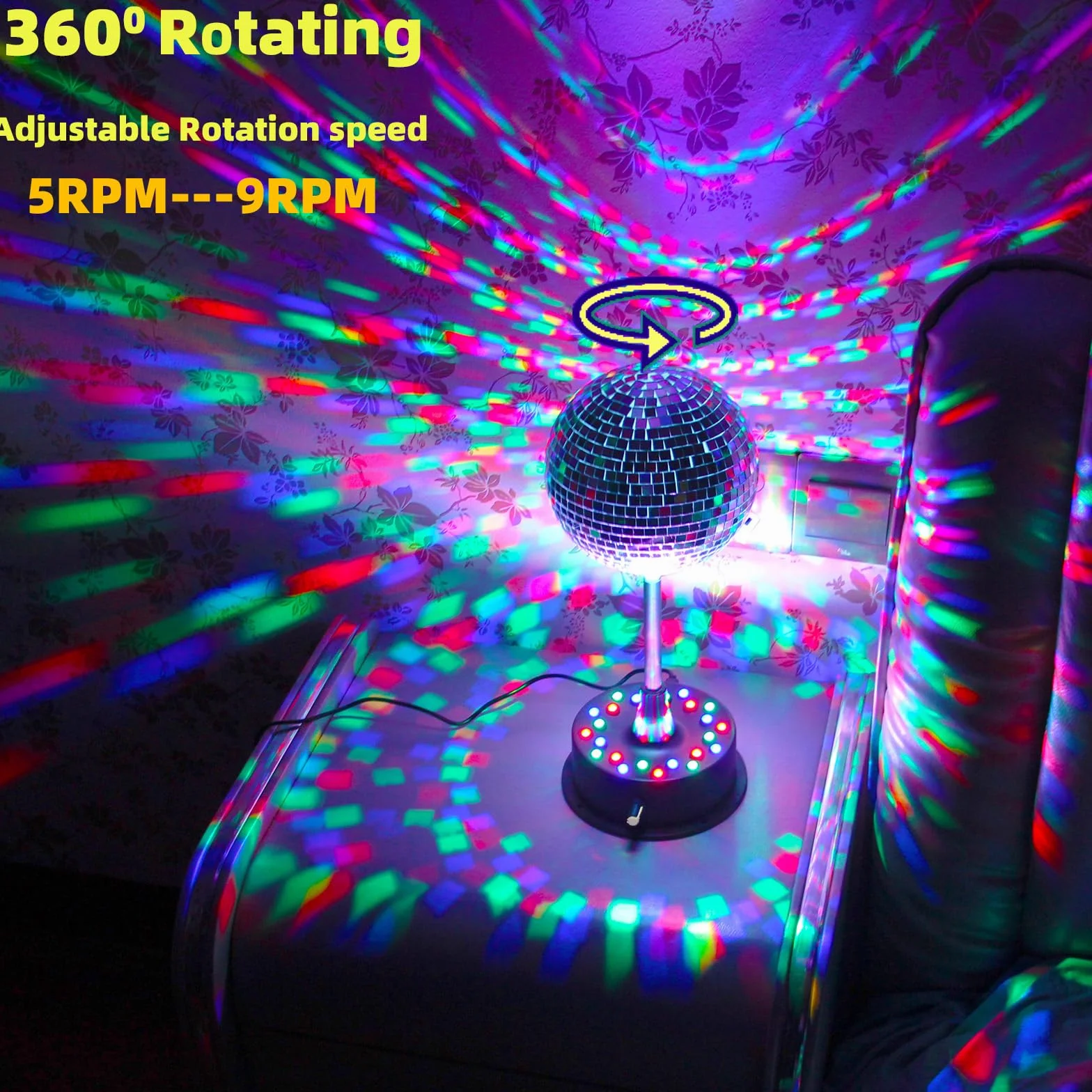 Obrotowe lusterka 15 cm, lampa dyskotekowa, wisząca, srebrna, brokatowa kula z 5 obr./min - 9 obr./min, regulowana obrotowa podstawa silnika, 24 RGB LED, nastrojowe światła DJ, idealne na imprezę, do