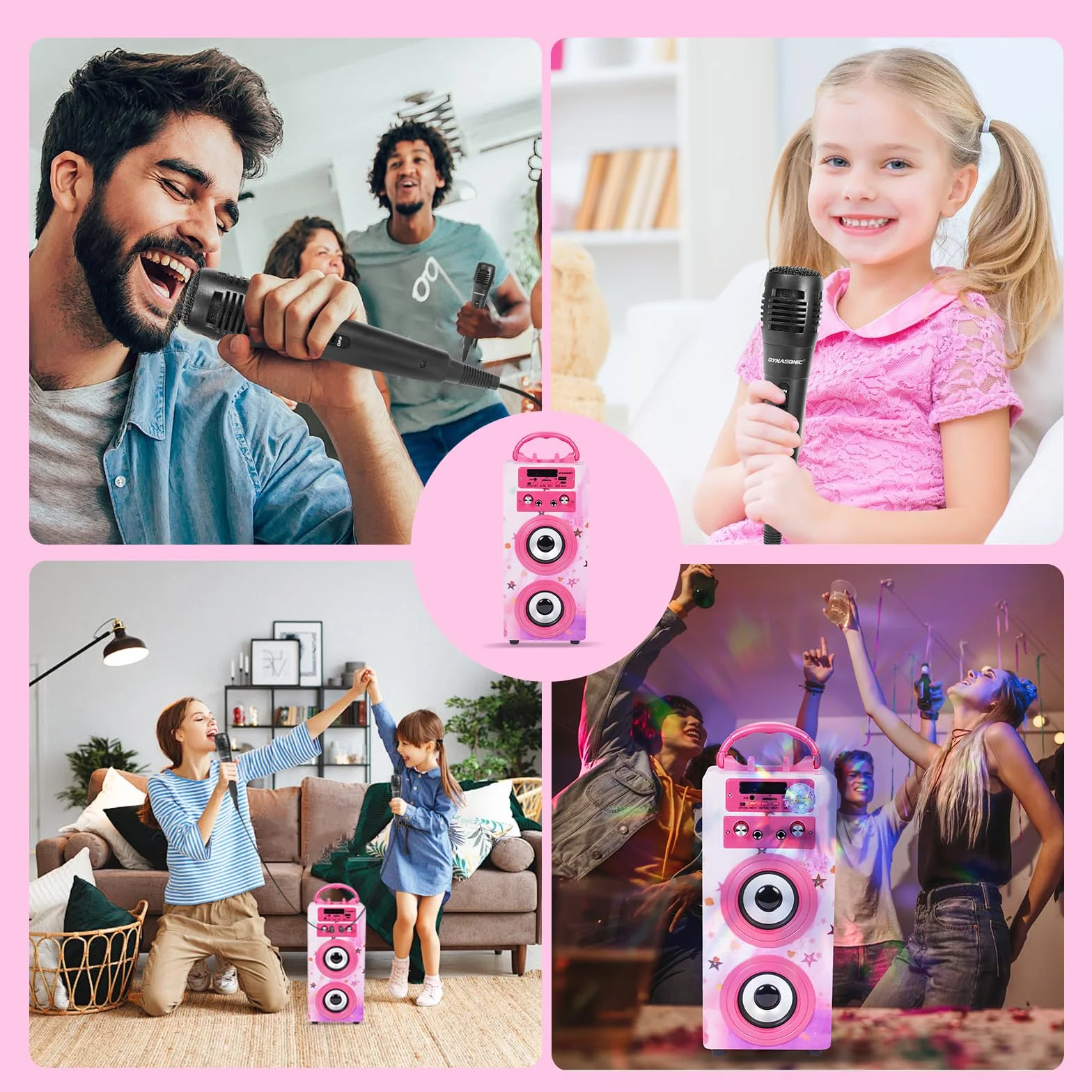 DYNASONIC Przenośna maszyna do karaoke, 2 mikrofony, głośnik Bluetooth, światła, czytnik USB i SD, prezent dla dzieci w wieku 5-13 lat (025-15 LIGHTS)