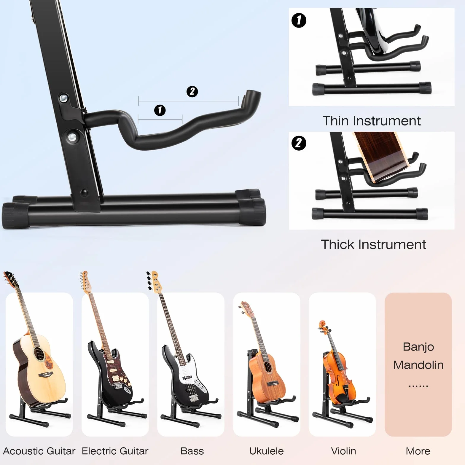 FS1 Składany Stojak na Gitarę, Stojak Podłogowy A Rama, Uniwersalny Uchwyt na Gitarę Akustyczną Klasyczną Elektryczną Basową Ukulele Banjo Mandolina Skrzypce, Regulowany Statyw do Gitary
