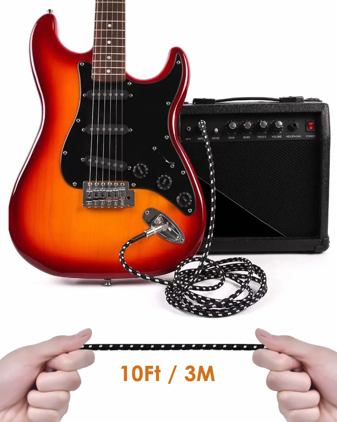 Kabel instrumentalny 3 metry, kabel do gitary elektrycznej TS 6,35 mm do gitary basowej, pleciony kabel jack 6,35 mm, kabel audio pod kątem prostym, czarny biały