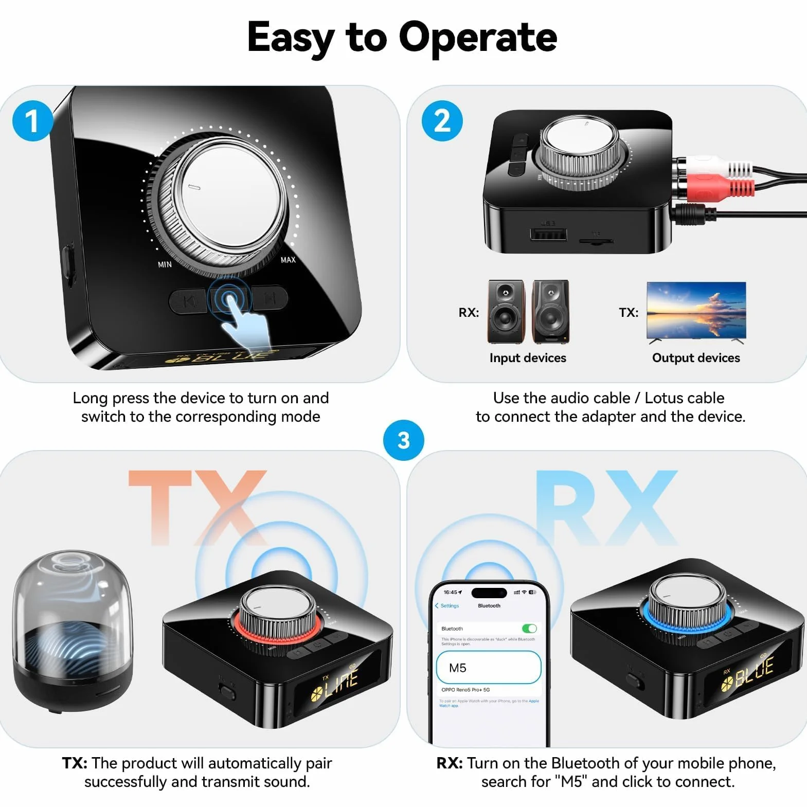GlasFlength Adapter Bluetooth stereo, odbiornik Bluetooth 5,4 z kablem AUX 3,5 mm RCA Low Latency 49 ft, HiFi Bluetooth Audio Receiver do TV/głośnika/komputera stacjonarnego/projektorów