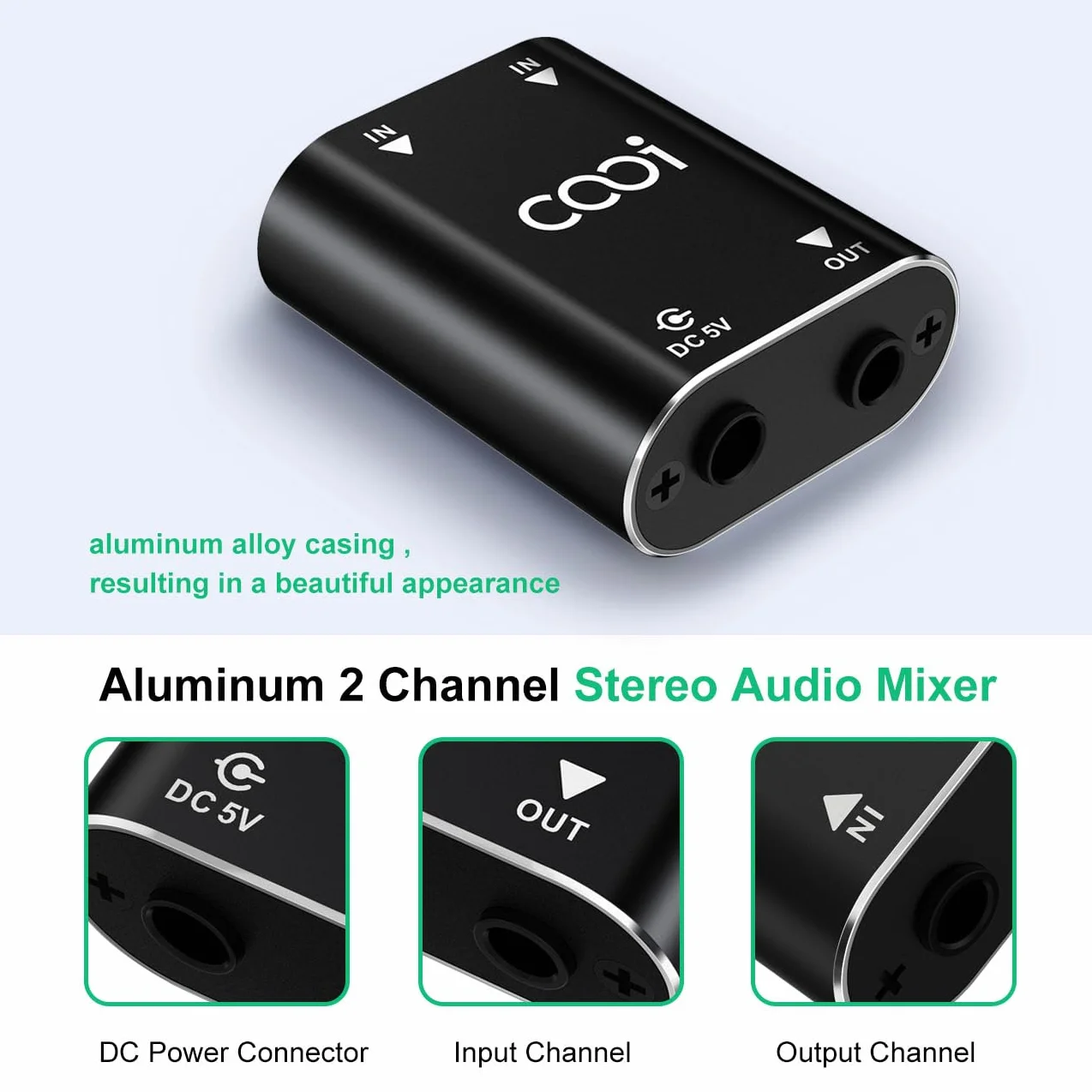 2-kanałowy mikser audio stereo - metalowa obudowa, obsługa interfejsu AUX, 2 wejścia i 1 wyjście, mini mikser dźwięku stereo z 1-metrowymi kablami audio - do komputera PC, telefonu, laptopa, słuchawek