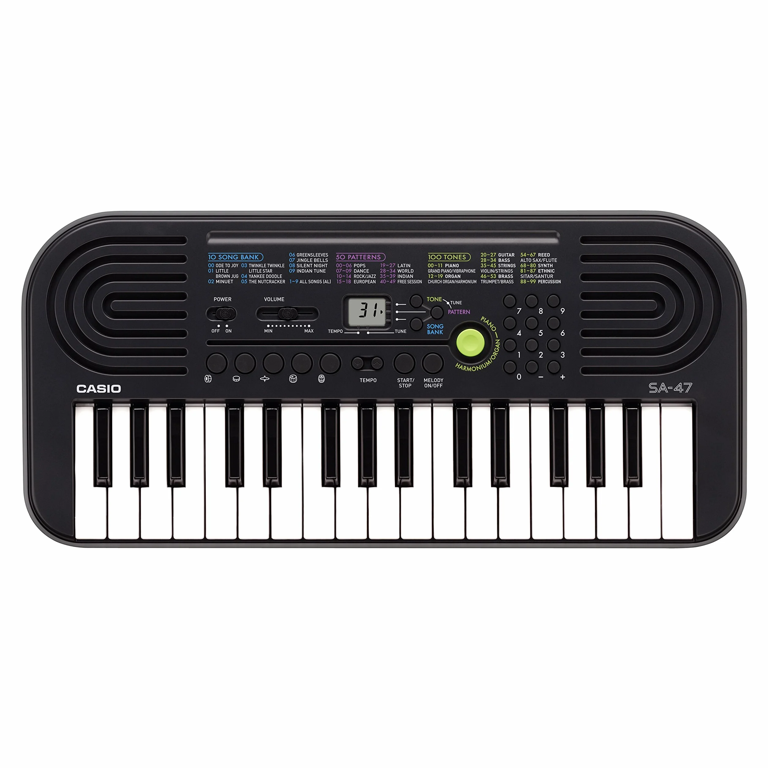 Casio - Klawiatura MIDI SA-47, 127 klawiszy, czarna, szara podstawa (127 klawiszy, 446 mm, 208 mm, 51 mm, 1 kg, DC)