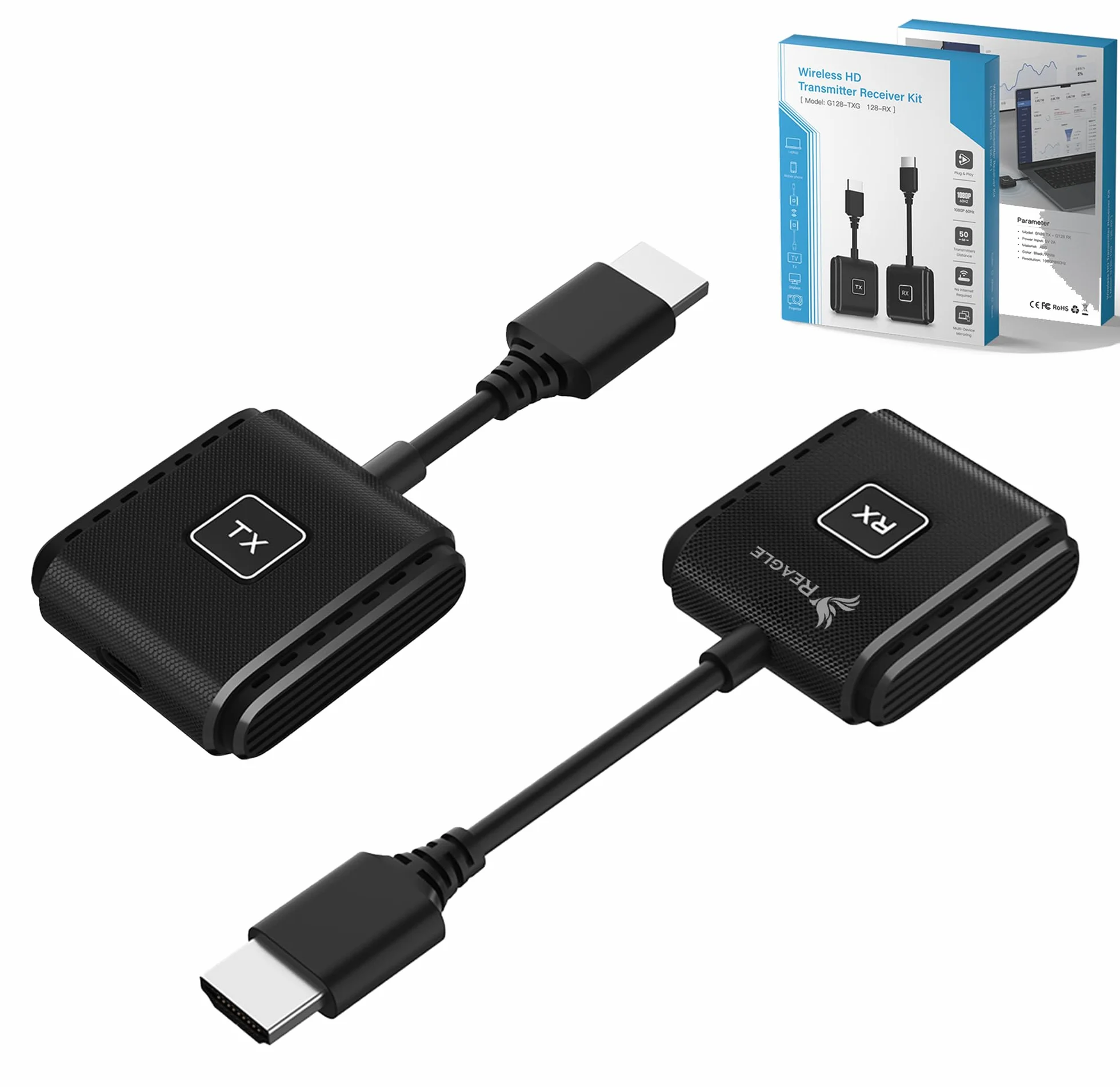 Reagle Bezprzewodowy transmiter i odbiornik HDMI Full HD 1080p 60Hz, zasięg 50 m, Plug & Play HDMI bezprzewodowy adapter do telewizora, projektora, laptopa, komputera, nie wymaga Wi-Fi