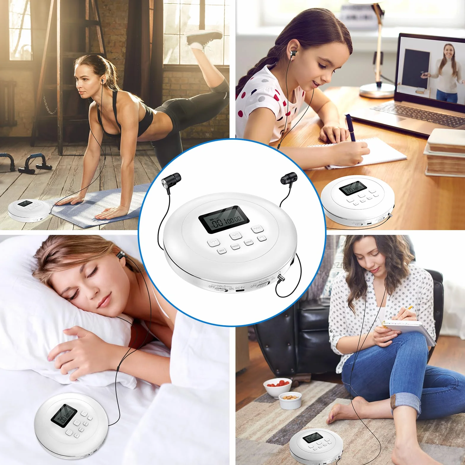 Gueray Przenośny odtwarzacz CD, osobisty odtwarzacz CD ze słuchawkami, wyświetlacz LCD, ochrona HiFi, klasyczny odtwarzacz muzyki CD, do samochodu, domu, biały