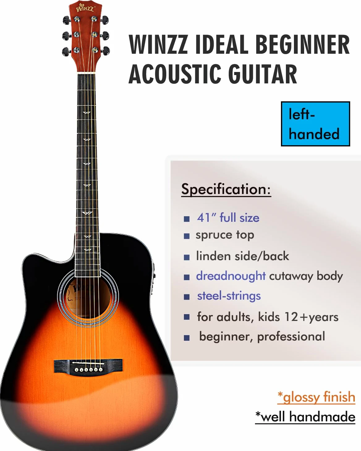 Winzz 4/4 Gitara Elektroakustyczna, Leworęczna Gitara Westernowa, Zestaw dla Dorosłych Początkujących, Gitara Akustyczna 41 Cali z 4-pasmowym Ekwalizerem (Dreadnought, Połyskujący Sunburst)