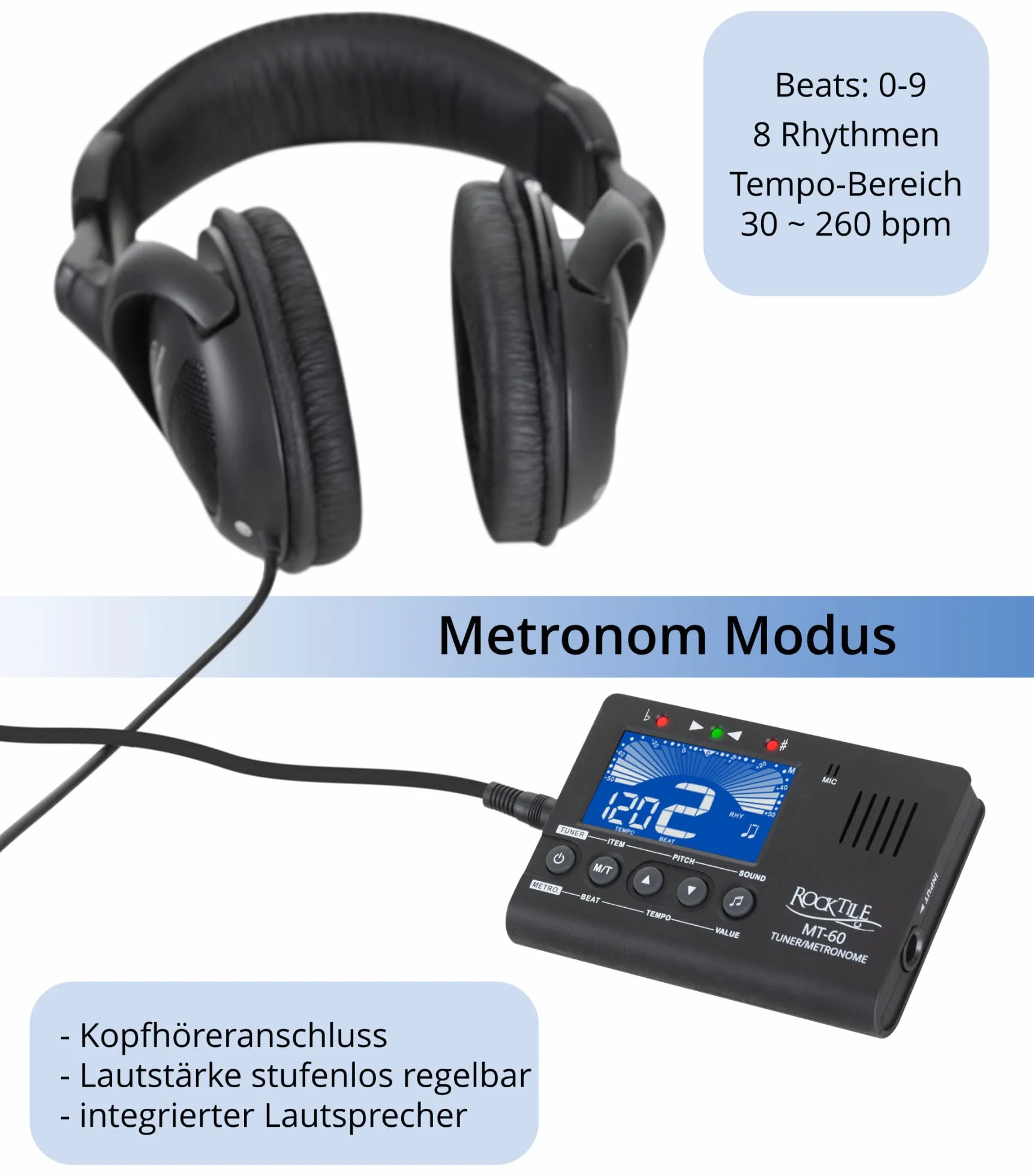 Rocktile MT-60 tuner metro – stroik z mikrofonem i czujnikiem piezoelektrycznym – nadaje się do wszystkich instrumentów – 5 trybów strojenia – metronomy – generator dźwięku – głośnik i wyjście na