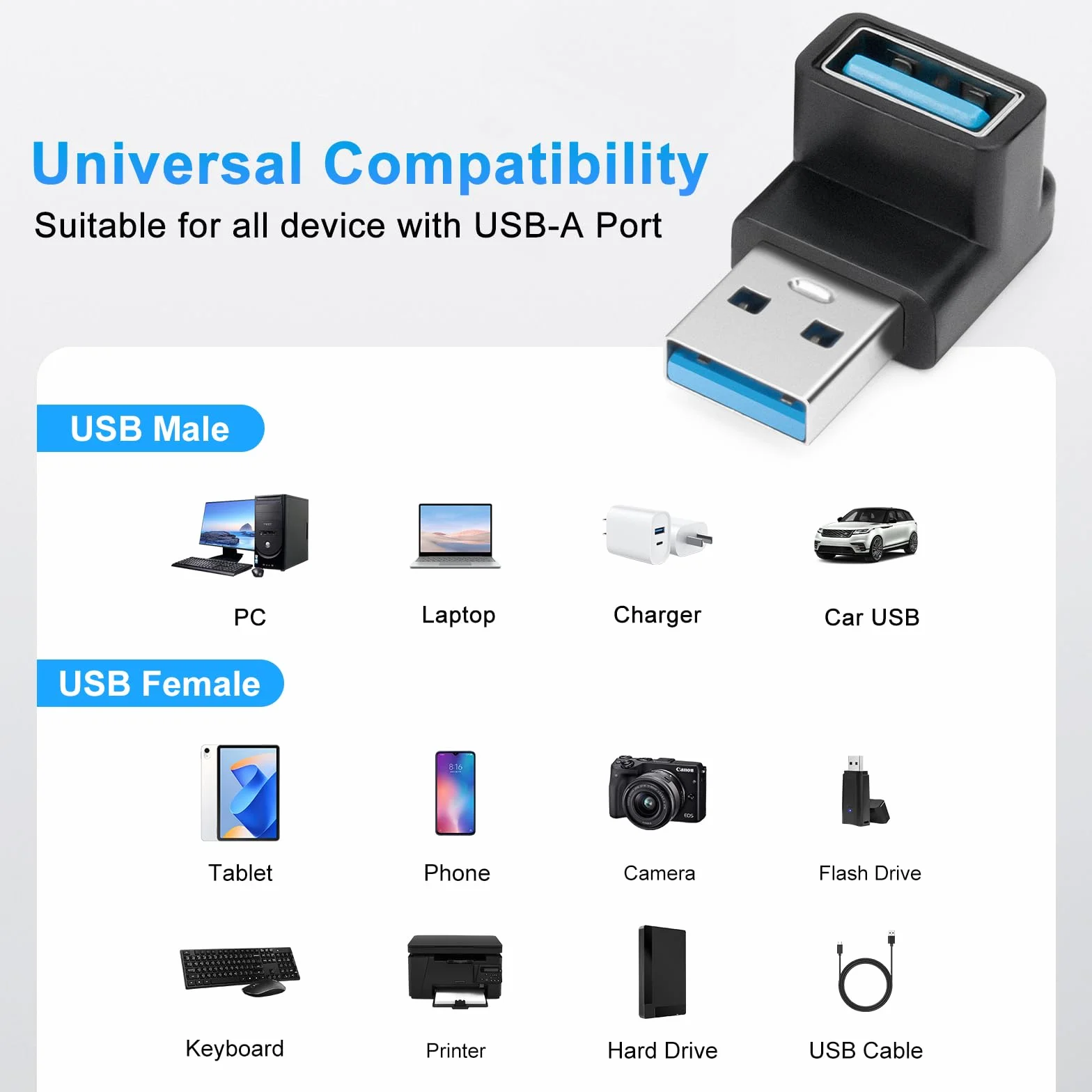 Adapter USB 3.0 90 stopni (opakowanie 2 sztuk), wysoki i niski kąt typu A męski na żeński USB-A, łącznik kątowy, konwerter szybkiego ładowania OTG (USB3.0 góra/dół)