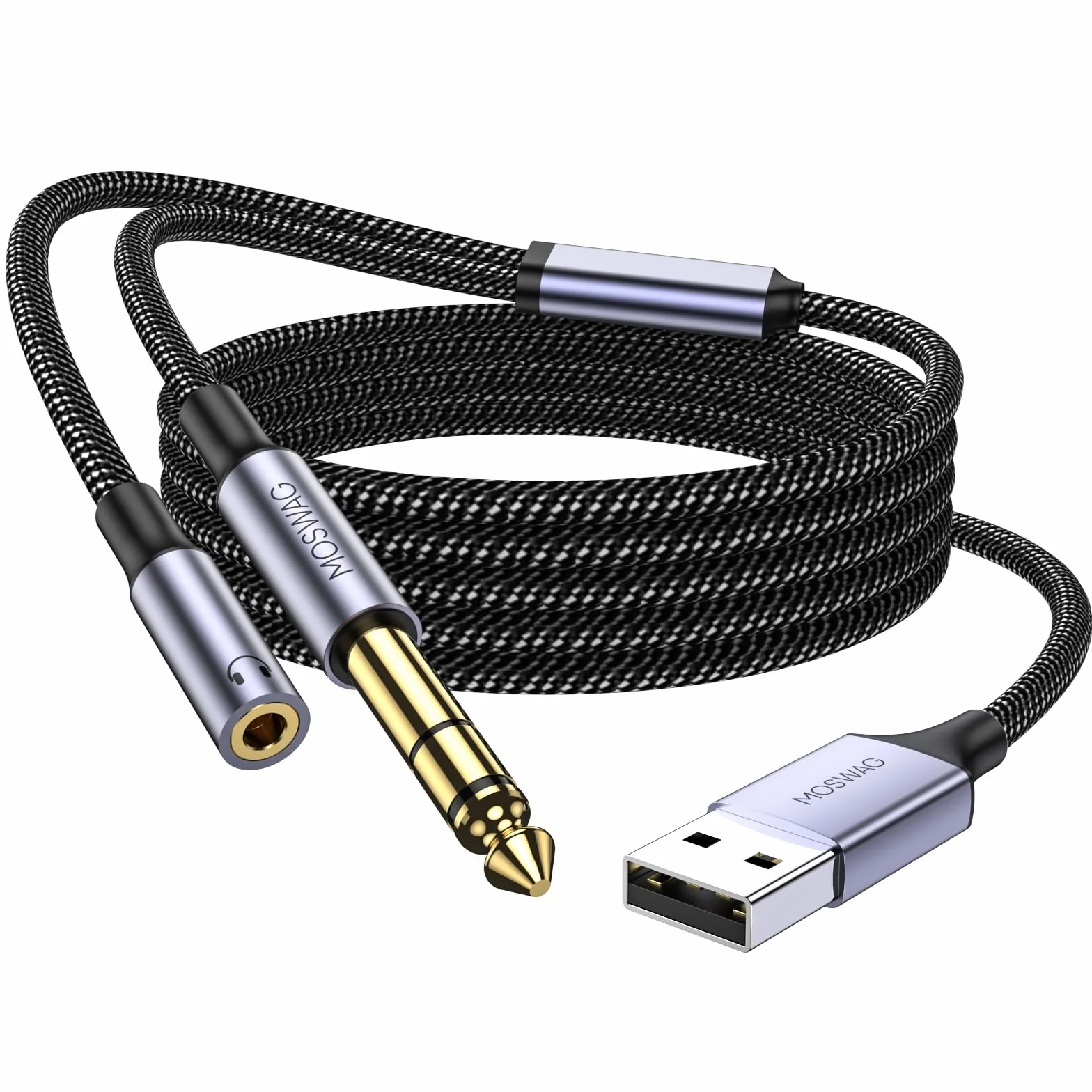 MOSWAG Kabel audio 6,35 mm na USB, 1/10.2 cm męski na USB A kabel do nagrywania ze słuchaniem, nylonowy pleciony kabel instrumentu muzycznego do nagrywania muzyki, słuchania, śpiewania